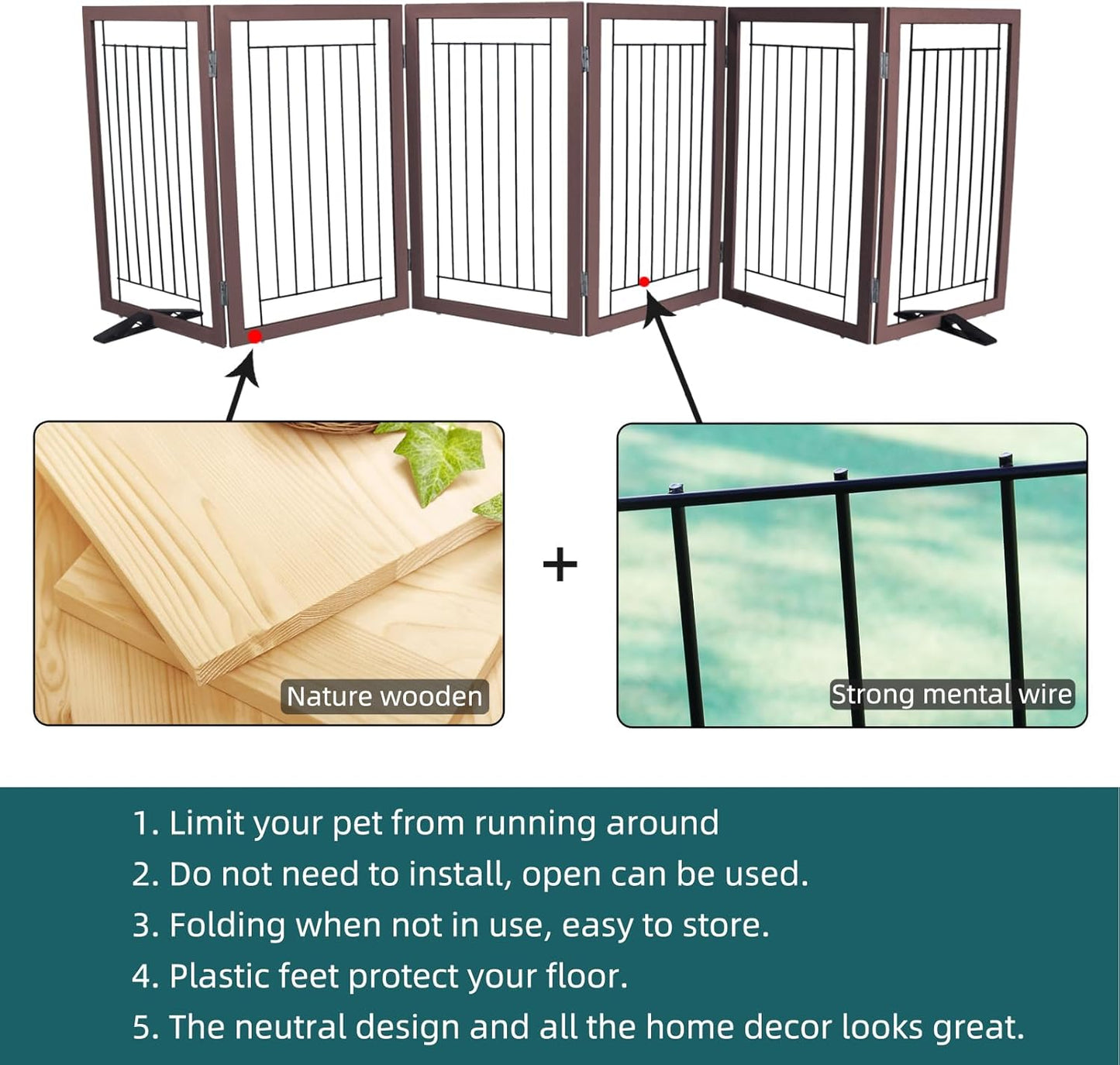 ZJSF Freestanding Dog Gate Indoor, Foldable Dog Fence for Doorways,Hallways or Stairs, Sturdy Wood Extra Wide Pet Gate with Support Feet,Black,24 "Height-3 Panels