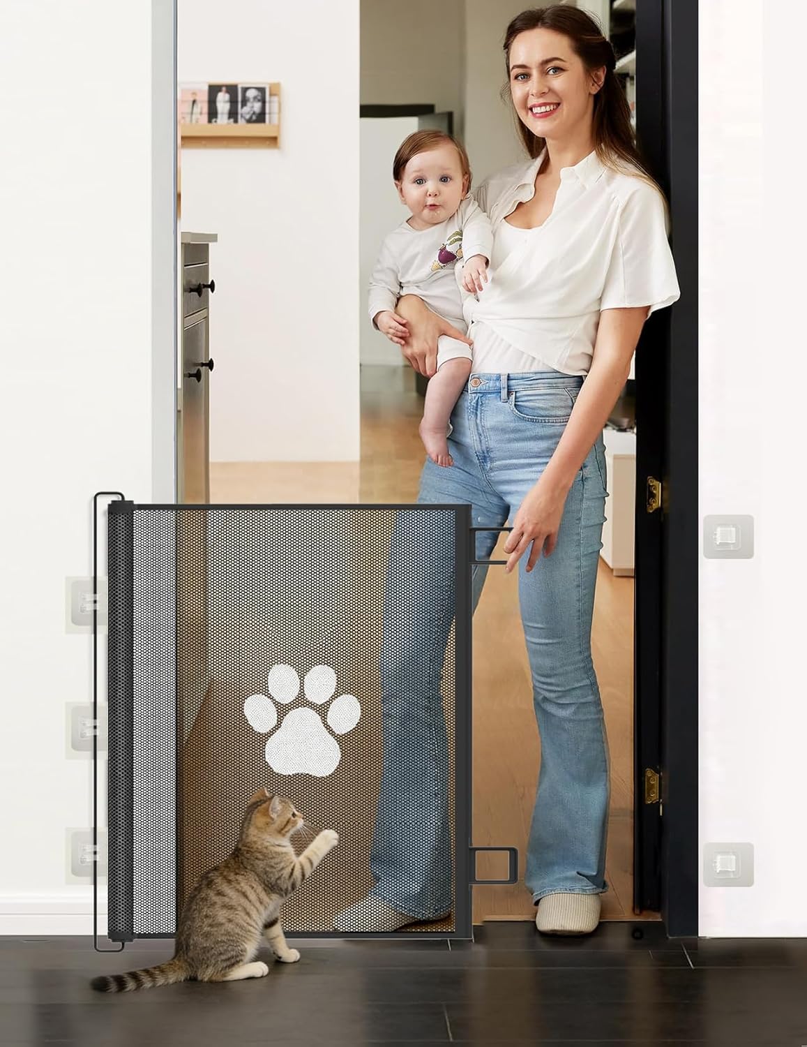 Retractable Mesh Pet Gate, Extra Tall 31'' Adjustable Width Up to 51/43 Inches for Doorways Stairs Hallways, Indoor Outdoor Dog Safety Barrier Net Panel (51'' Width)