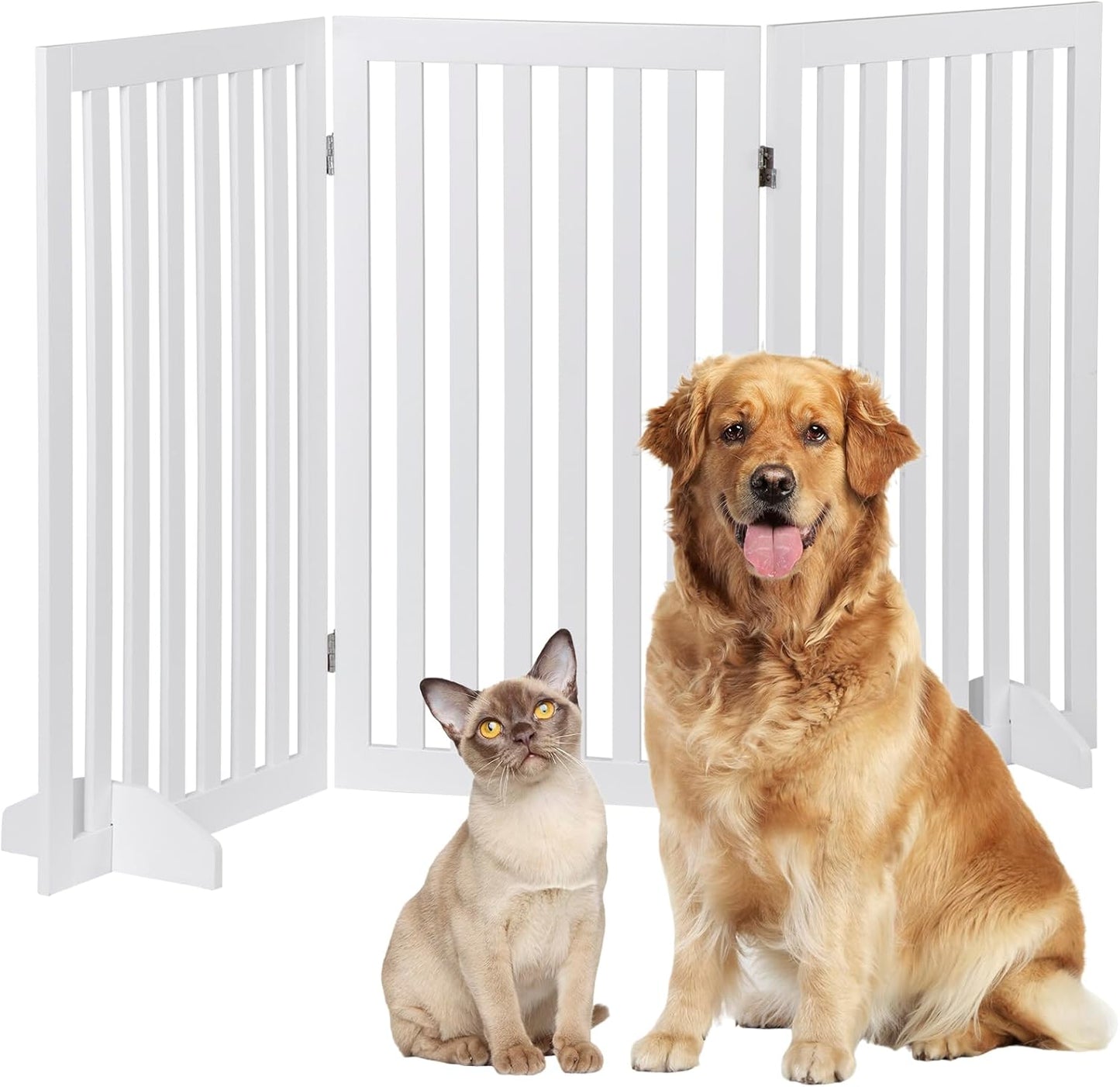 24 Inch Freestanding Indoor Retractable Dog Gate Pet Gate for Stairs, Hallways or Doorways 3 Panels Indoor Foldable Puppy Dog Fence Wooden Safety Fence, White