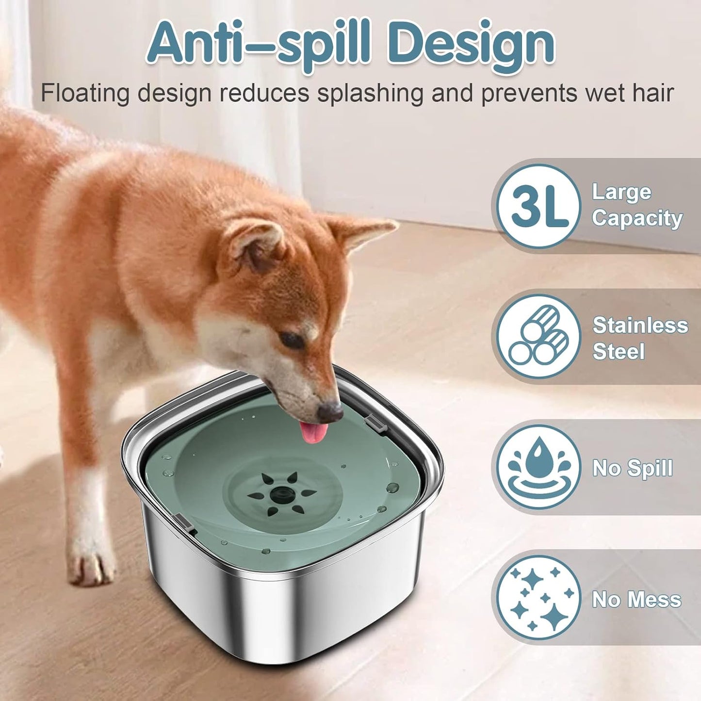 UPSKY 3L Dog Water Bowl 101oz Stainless Steel No Spill Large Capacity Dog Food Water Bowl Slow Water Feeder, Spill Proof Pet Water Dispenser Vehicle Carried Travel Water Bowl