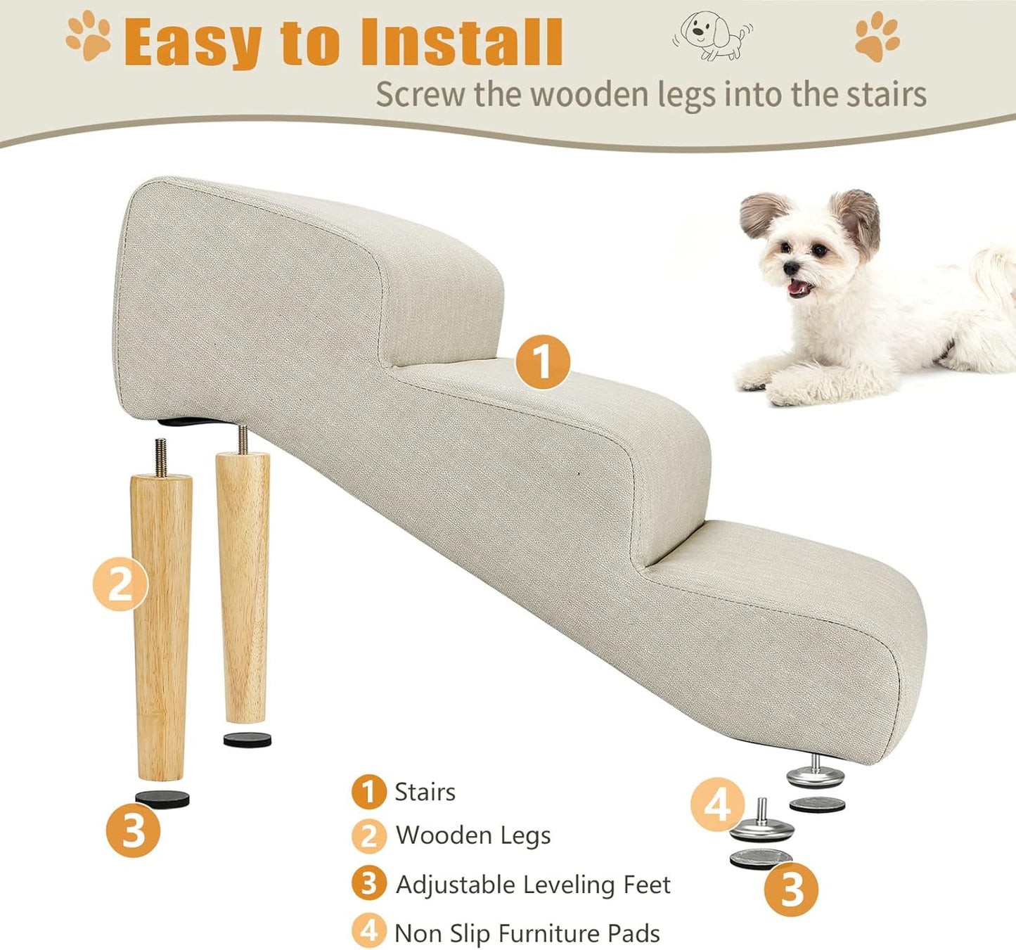 Senneny Imitation Linen Faux Leather Dog Stairs, for Pets up to 150 lbs, Waterproof, Scratch Resistant Pet Steps/Stairs with High Density Foam and Detachable Wooden Legs, Light Beige Linen, 4 Step