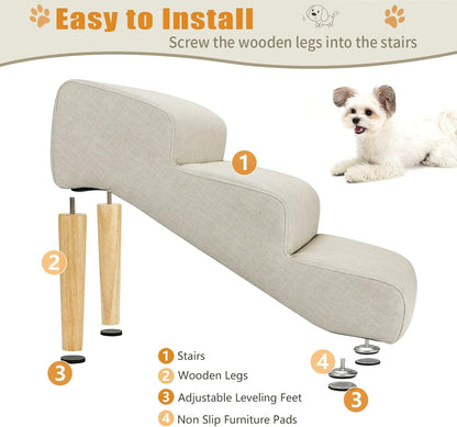 Senneny Imitation Linen Faux Leather Dog Stairs, for Pets up to 150 lbs, Waterproof, Scratch Resistant Pet Steps/Stairs with High Density Foam and Detachable Wooden Legs, Light Beige Linen, 4 Step