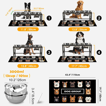 ADENGL Metal Raised Dog Bowl, 10" Tall Elevate Dog Feeder Stand with 2 Stainless Steel 42oz Bowls & 16x24 Non-Slip Mat – Stronger Dogs Food & Water Bowl Stand (Black)