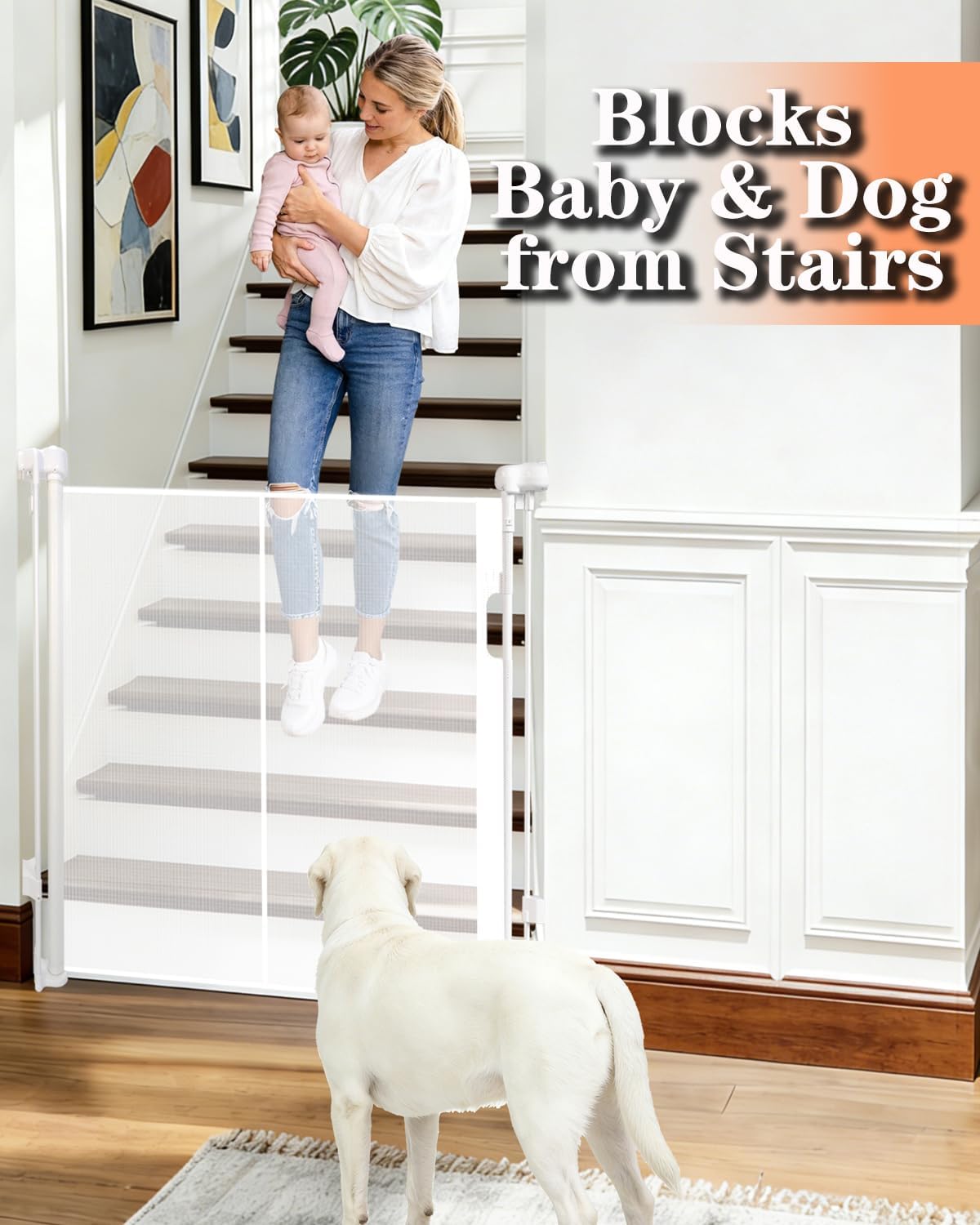 240'' Extra Wide Retractable Baby Gates for Large Opening, 42" Tall Retractable Dog Pet Gate with Support Rods, Long Mesh Screen Child Safety Gate for Garage Doorways Deck Stairs Yard Outdoor Indoor