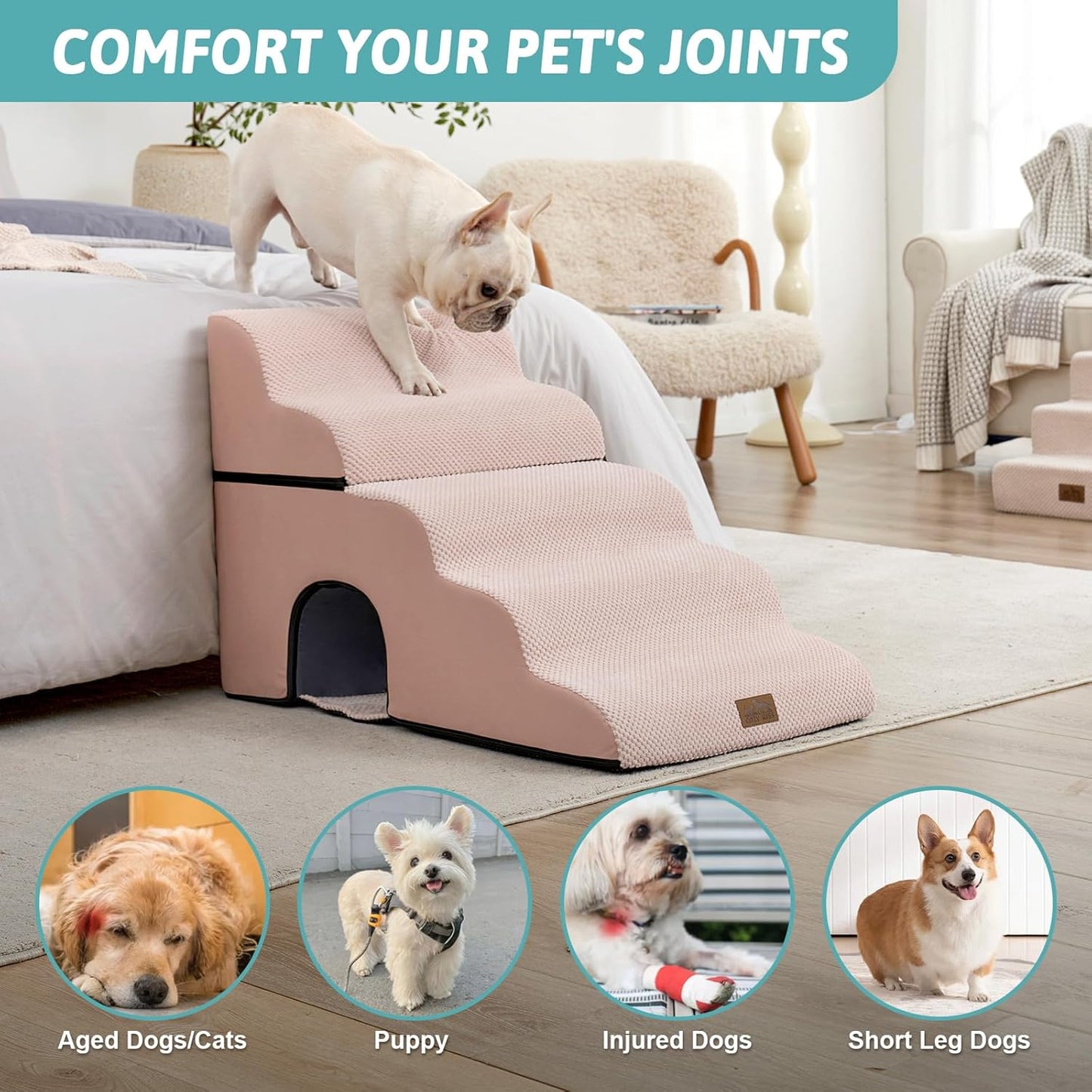 COZY KISS Extra Wide Dog Stairs with Tunnel, Foam Detachable Large Dog Step for Small Pet, Puppy or Cats, Medium Pet Ramp for High Bed, Couch, Sofa or Car, 19.7x33x22.4 inch, 5 Step, Beige