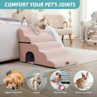 COZY KISS Extra Wide Dog Stairs with Tunnel, Foam Detachable Large Dog Step for Small Pet, Puppy or Cats, Medium Pet Ramp for High Bed, Couch, Sofa or Car, 19.7x33x22.4 inch, 5 Step, Beige