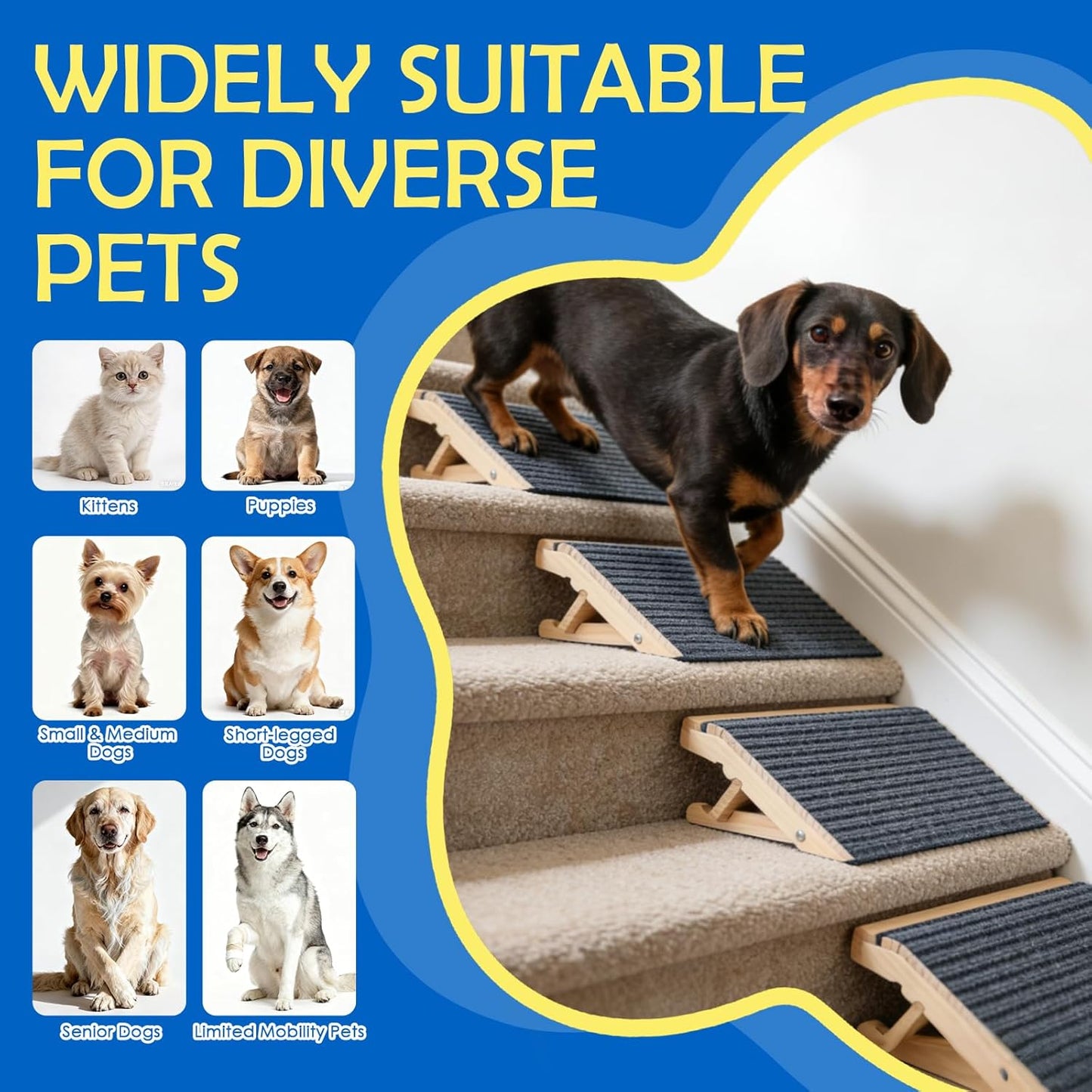 Dog Ramp for Stairs 2 Pack - Adjustable Solid Wood Foldable Indoor Pet Ramp for Senior & Injured Dogs, 2 Heights (4.2"/5.1"), Triangular Support & Non-Slip Carpet for Patio/Home, No Assembly (15.7"L)