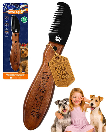 KIZO ESLO Dog Dematting Brush & Undercoat Rake for Doodles, Poodles & Long-Haired Pets, Detangling Comb for Thick Curly Coats, Removes Mats, Knots & Tangles, Stainless Steel Teeth with Wooden Handle