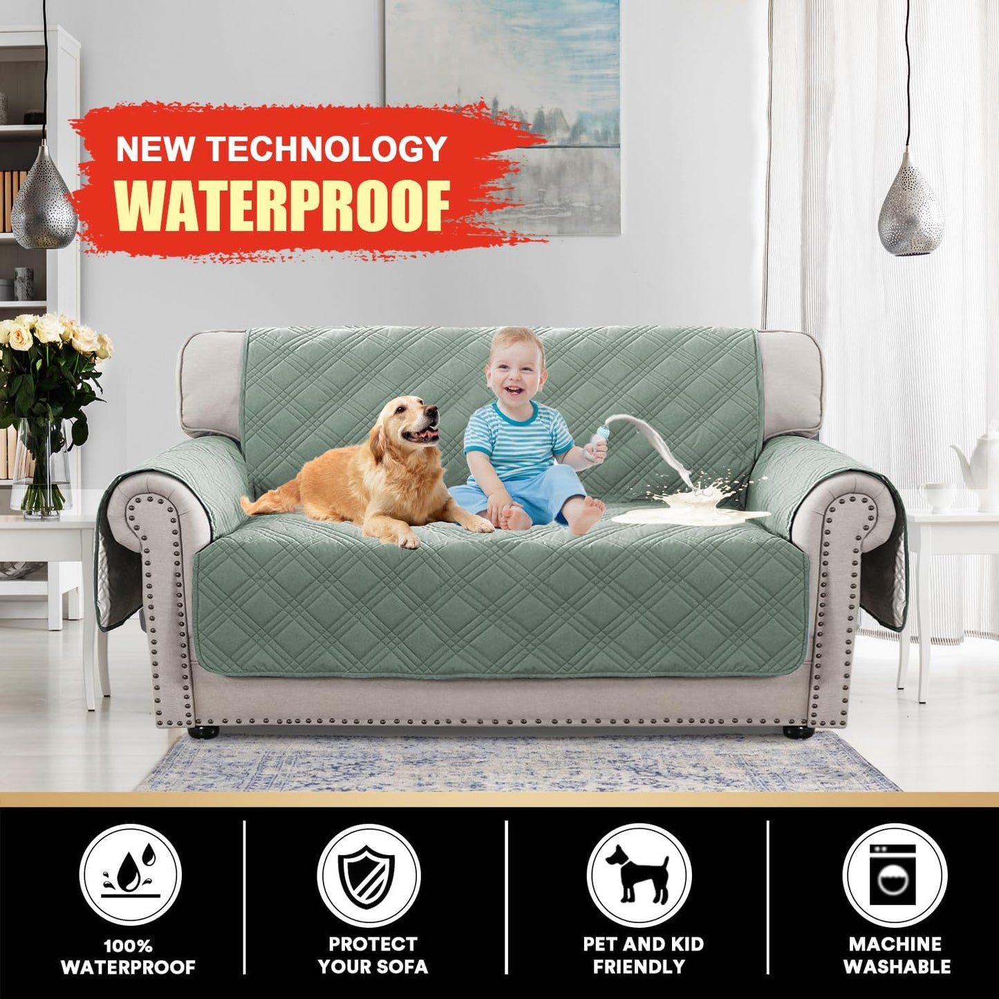 PrinceDeco 100% Waterproof Couch Cover for 3 Cushion Couch Sofa Pet Friendly Non-Slip Couch Cover for Dogs Washable Water Resistant Furniture Protector with Elastic Straps(Sofa 68", French Oak)