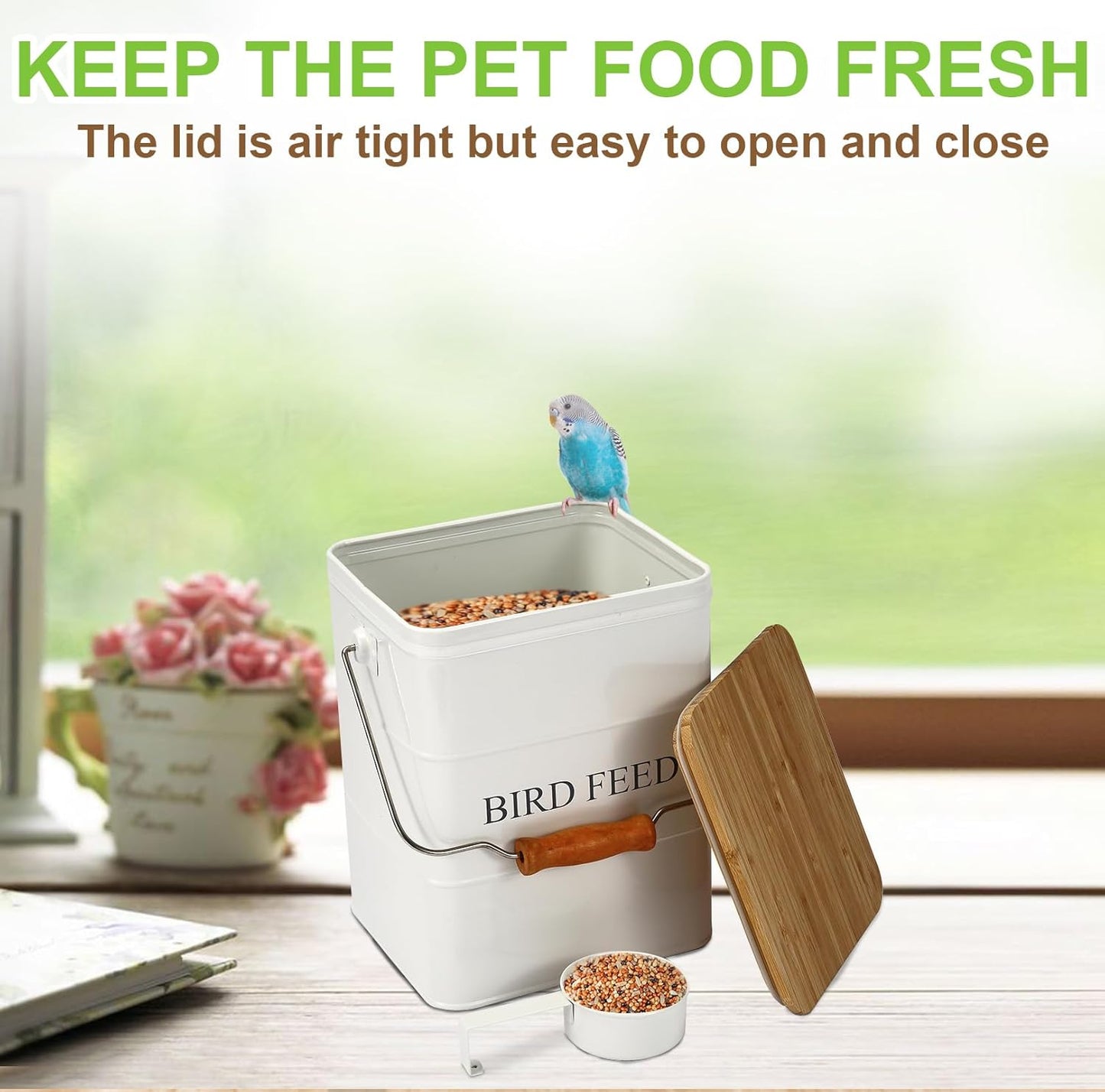 Dog Food storage container Dog Treats Jar,5~6 lb Metal food treats tin for Dog, pet snacks Canisters with wooden lid/handle/sevice scoop-Green