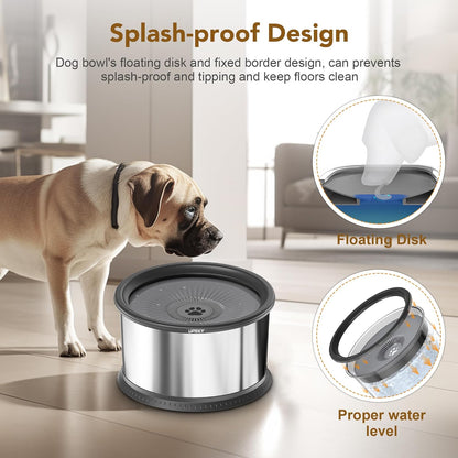 UPSKY 2.5L Dog Water Bowl, No Spill Dog Water Bowl, Stainless Steel Spill Proof Slow Water Feeder,No Splash Water Bowl with Anti-Slip Mat for Messy Drinkers Grey, D.2.5L