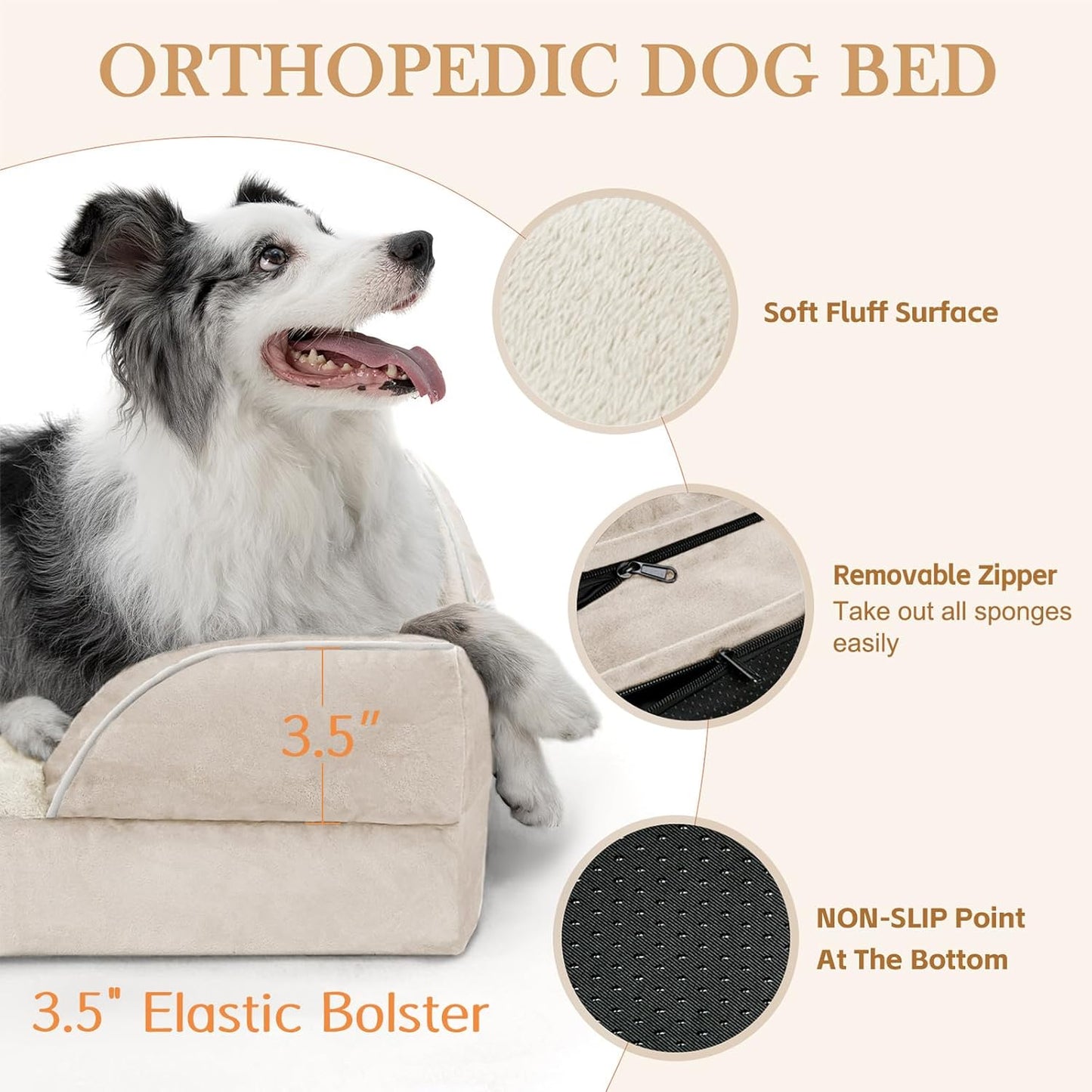 Comfort Expression Orthopedic Dog Bed for Extra Large Dogs 42x30 Inch, Waterproof Egg Crate Foam XL Pet Bed with Removable Bolsters, Dog Couch with Washable Cover & Non-Slip Bottom, Grey - Colors B