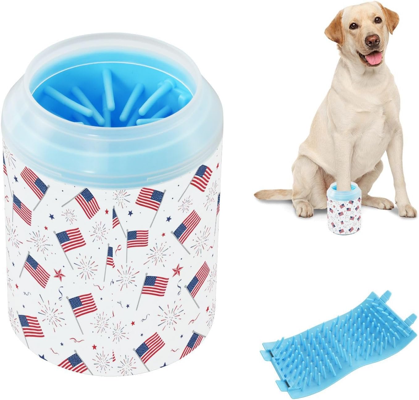 Flags Fireworks 250th Anniversary White Print Dog Paw Cleaner Cup with Soft Silicone Brush, Portable Small Lightweight Muddy Paw Washer for Dogs, Easy to Use Pet Foot Cleaner