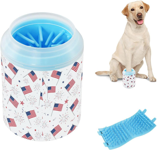 Flags Fireworks 250th Anniversary White Print Dog Paw Cleaner Cup with Soft Silicone Brush, Portable Small Lightweight Muddy Paw Washer for Dogs, Easy to Use Pet Foot Cleaner