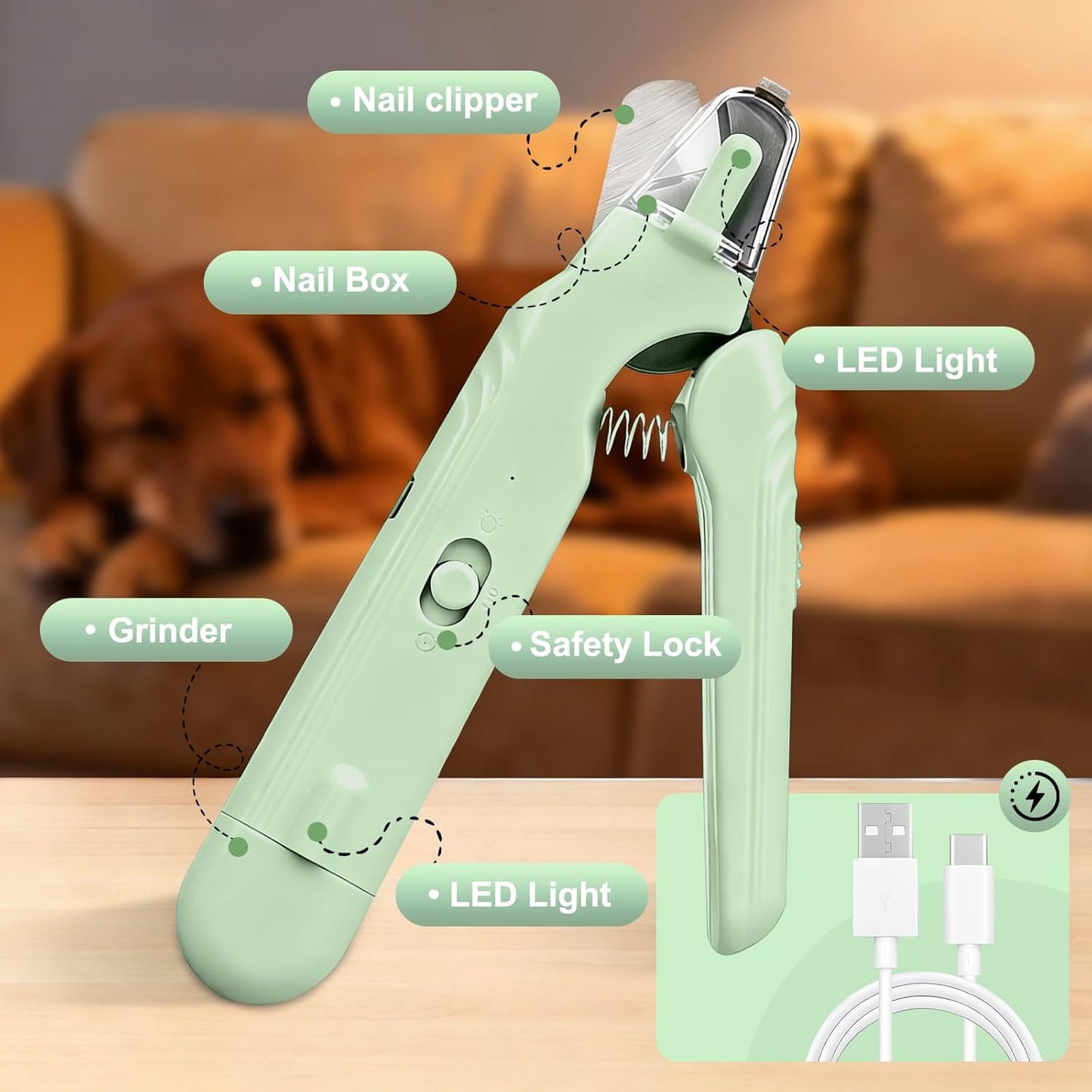 2-in-1 Dog Nail Grinder & Cat Nail Clippers Trimmers for Large Medium Small Dogs Cats Claw Trimmer Quick Sensor with 2 LED Lights Safety Guard USB Rechargeable Dogs Nail Trimmer (White)