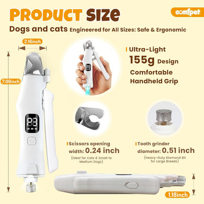 2-in-1 Dog Nail Clippers with Light, Cat Nail Clipper with Anti-Overcut Guard, Dog Nail Grinder Quiet for Large Medium Small Dog Cat Nail Trimmer, Rechargeable Painless Silent Groom Dog Nail Trimmer