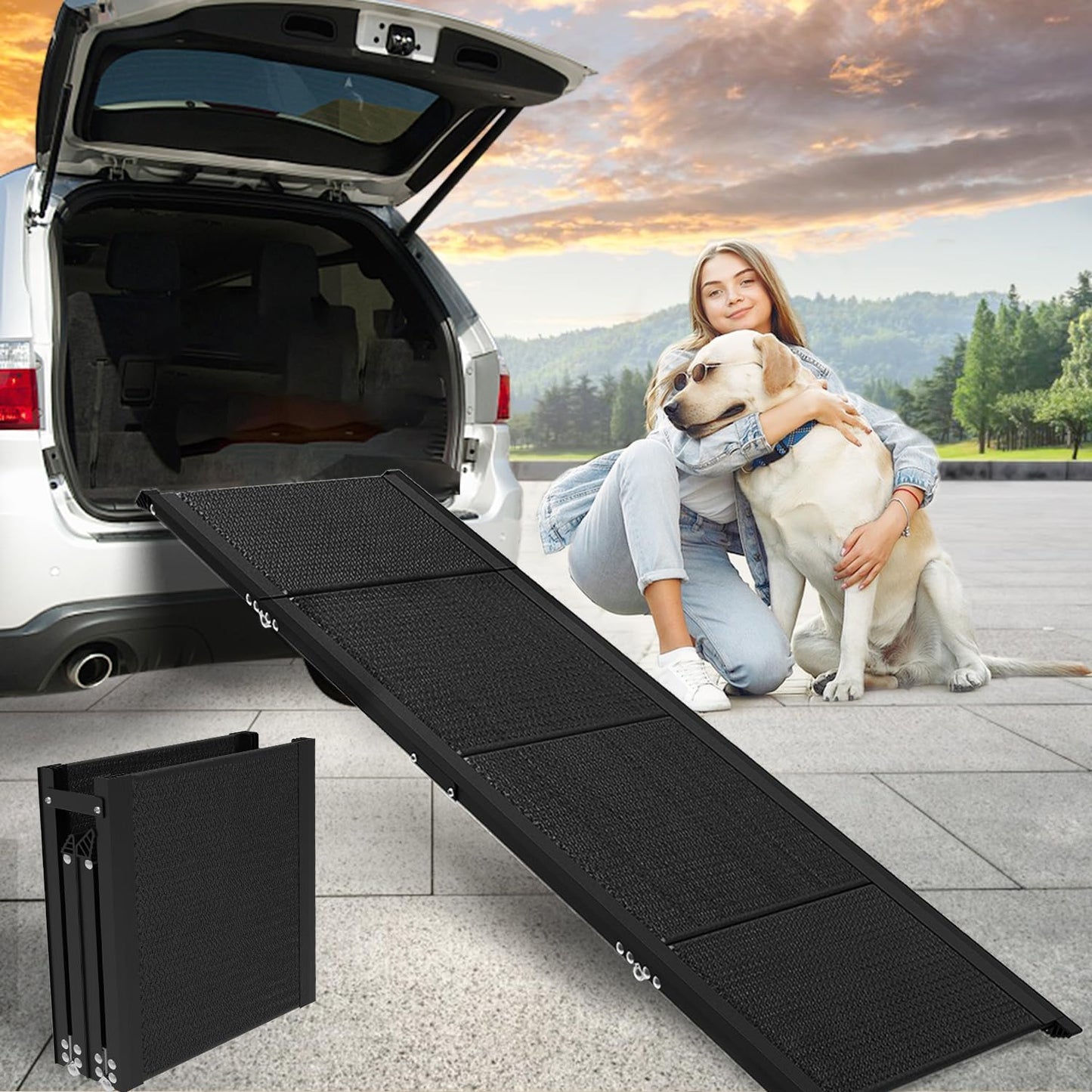Dog Car Ramp for Large Dogs, Foldable Dog Steps Aluminum Dog Ramps, Dog Stairs with Nonslip Surface for High Beds, Trucks, Cars and SUV, Supports up to 240 lbs (67'' L x 17'' W)