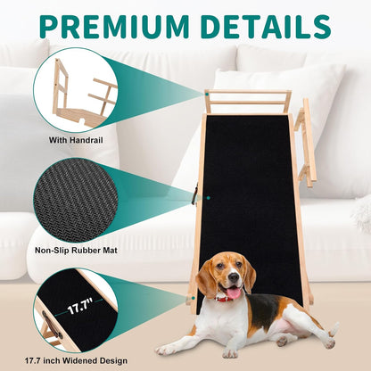 Dog Ramp for Bed, Adjustable Pet Ramps for Dog to Get on Bed, Non-Slip Rubber Surface - Folding Wooden Dog Ramp for Small/Large/Old Dogs, Adjustable up to 27.5 inch High Beds, Safety Railings