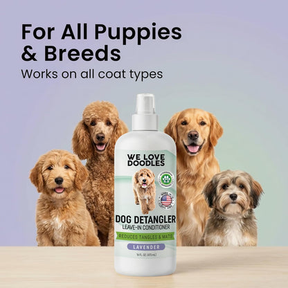We Love Doodles Dog Comb (2 Packs) & Lavender Detangler Spray 16oz – Pet Grooming Essentials, Stainless Steel Rounded-End Dematting Metal Comb for Dogs, Dog Leave-In Conditioner Spray for Detangling