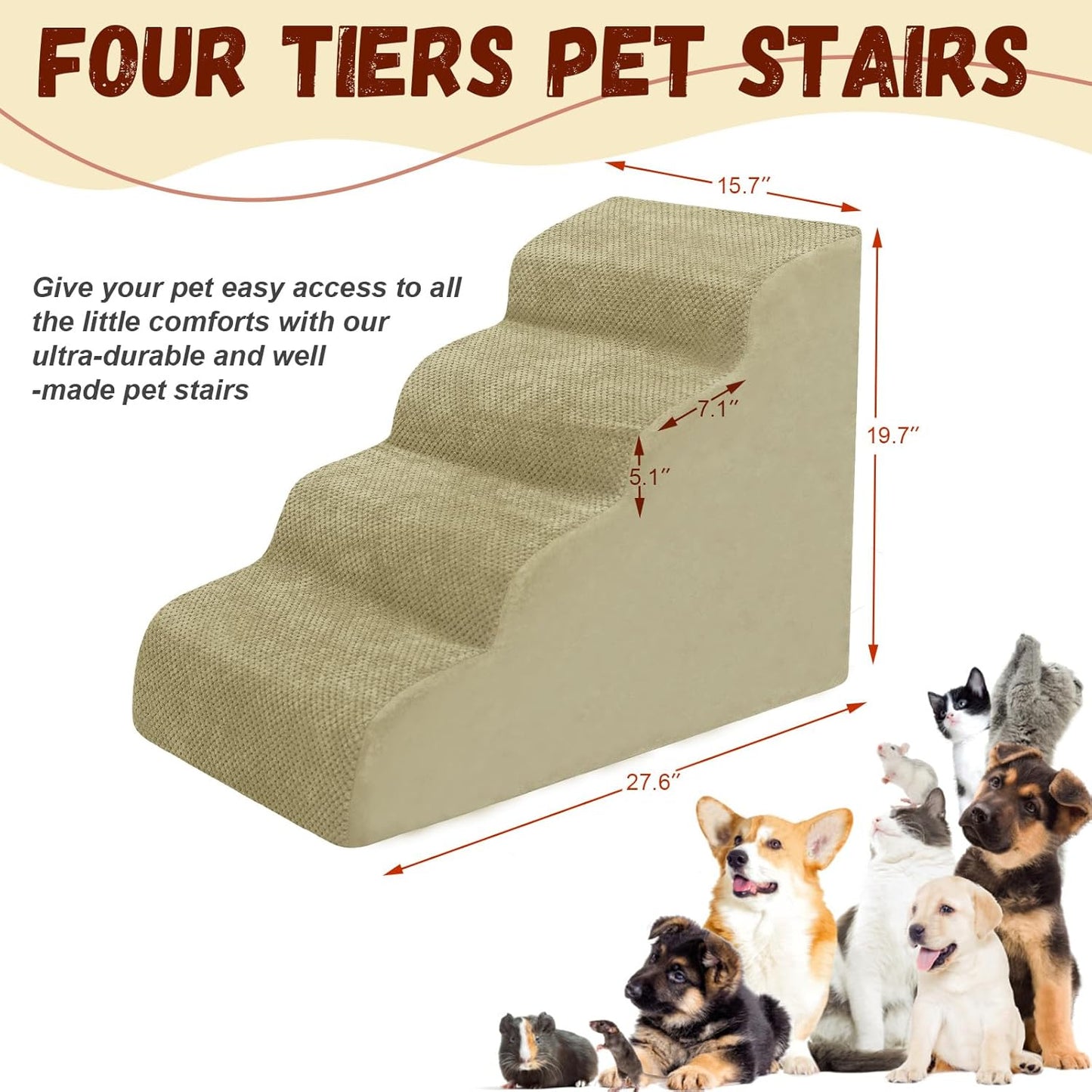 Dog Stairs for Small Dogs - High Density Foam Dog Ramp, Extra Wide Pet Steps with Non-Slip Bottom for High Beds, Couche and Sofa, Best for Pet Injured, Older Dogs Cats (Grey, 4 Steps)
