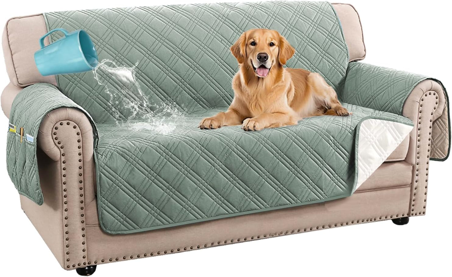 H.VERSAILTEX 100% Waterproof Slipcovers for Couches and Sofas Modern Pet Couch Cover Thick Soft Furniture Protector with Elastic Straps(Sofa, Lily Pad/Beige)