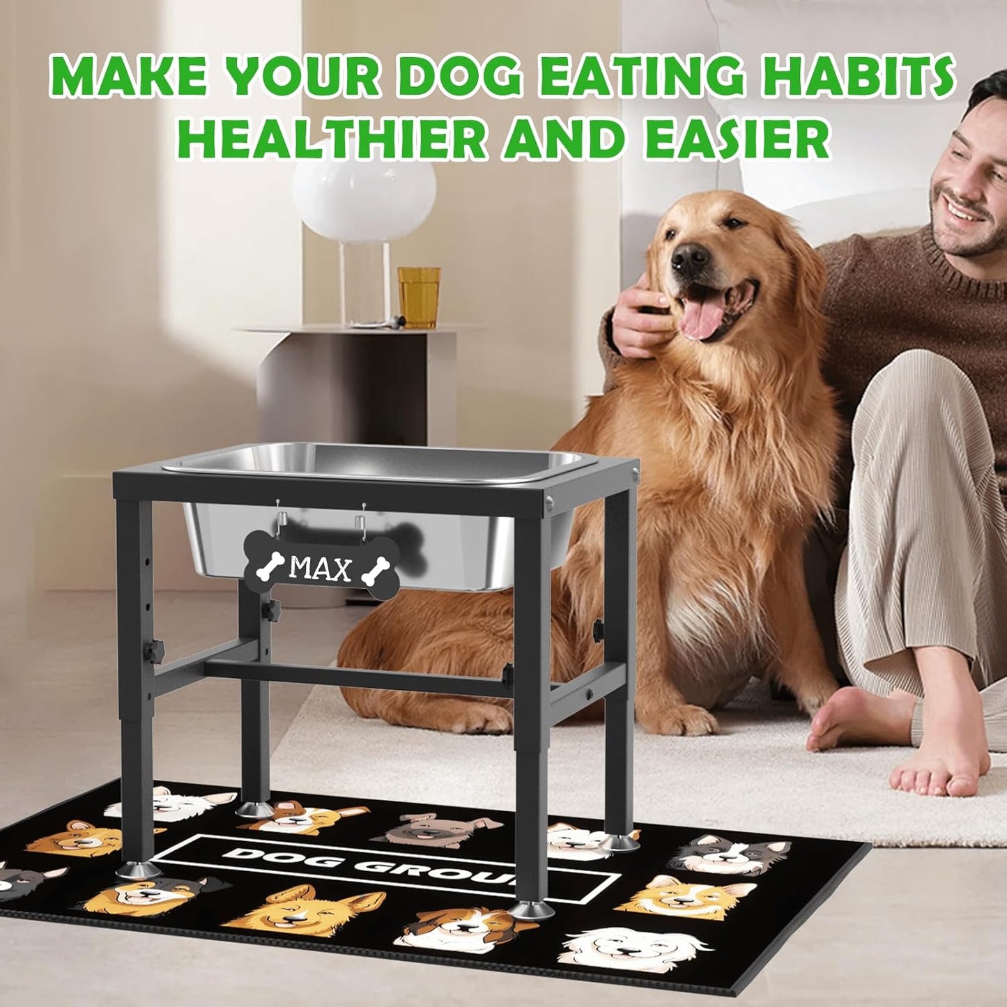 ADENGL 1.6 Gallon Elevated Dog Water Bowl for Large Dogs, 4-Height Adjustable (13–18'') Raised Stainless Steel Bowl with Spill-Proof Mat & Sturdy Metal Stand, Easy-Clean Feeder for Indoor/Outdoor Use