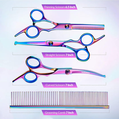 Gimars Titanium Coated Professional 6 in 1 4CR Stainless Steel Dog Grooming Scissors with Safety Round Tip, Heavy Duty Pet Grooming Scissor for Dogs, Cats and Other Animals