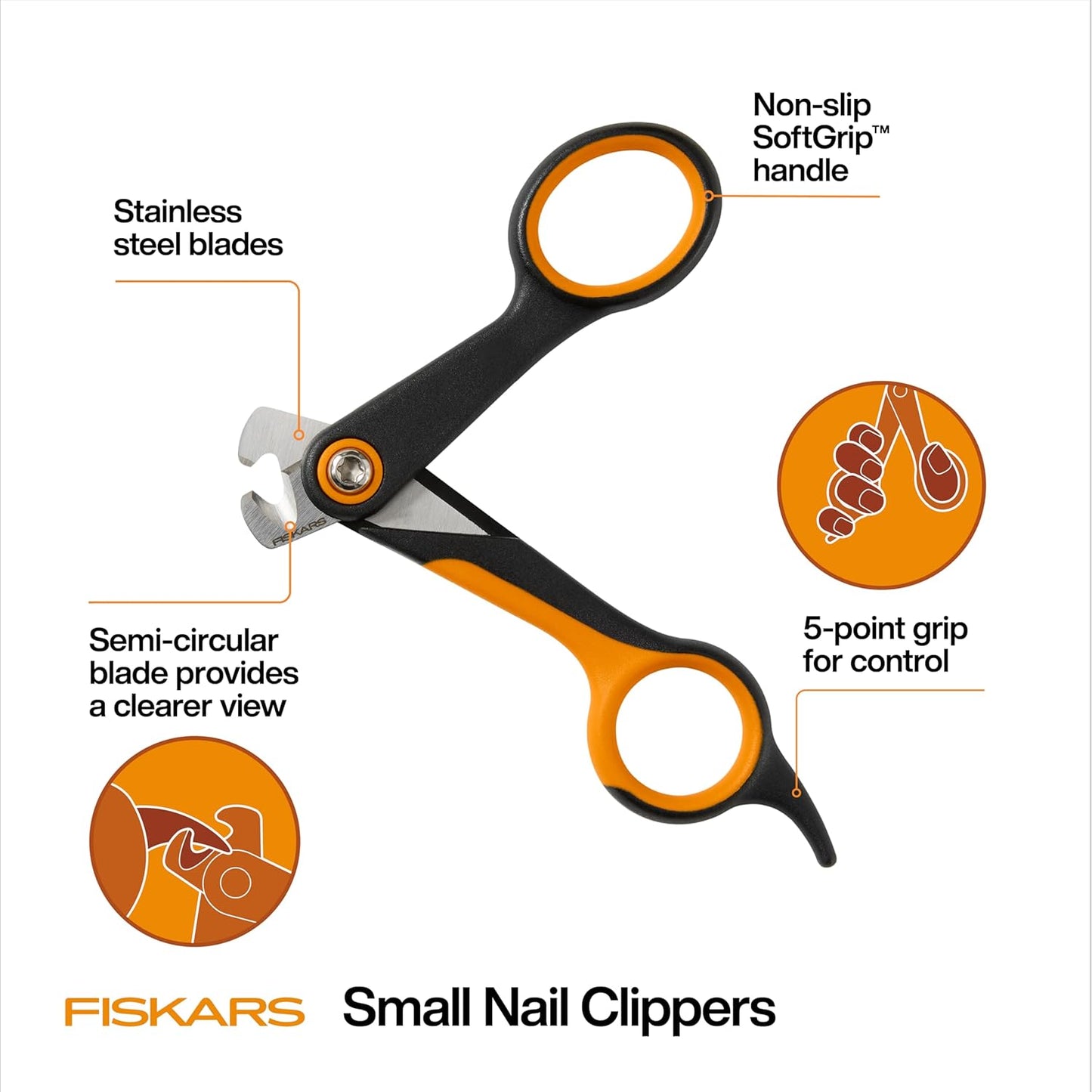 Fiskars Pet Large Nail Clippers, Cat and Dog Nail Trimmers for Grooming, Pet Supplies with Semi-Circular Blade & SoftGrip Handle with Safety Lock, 5.75”, Orange/Black