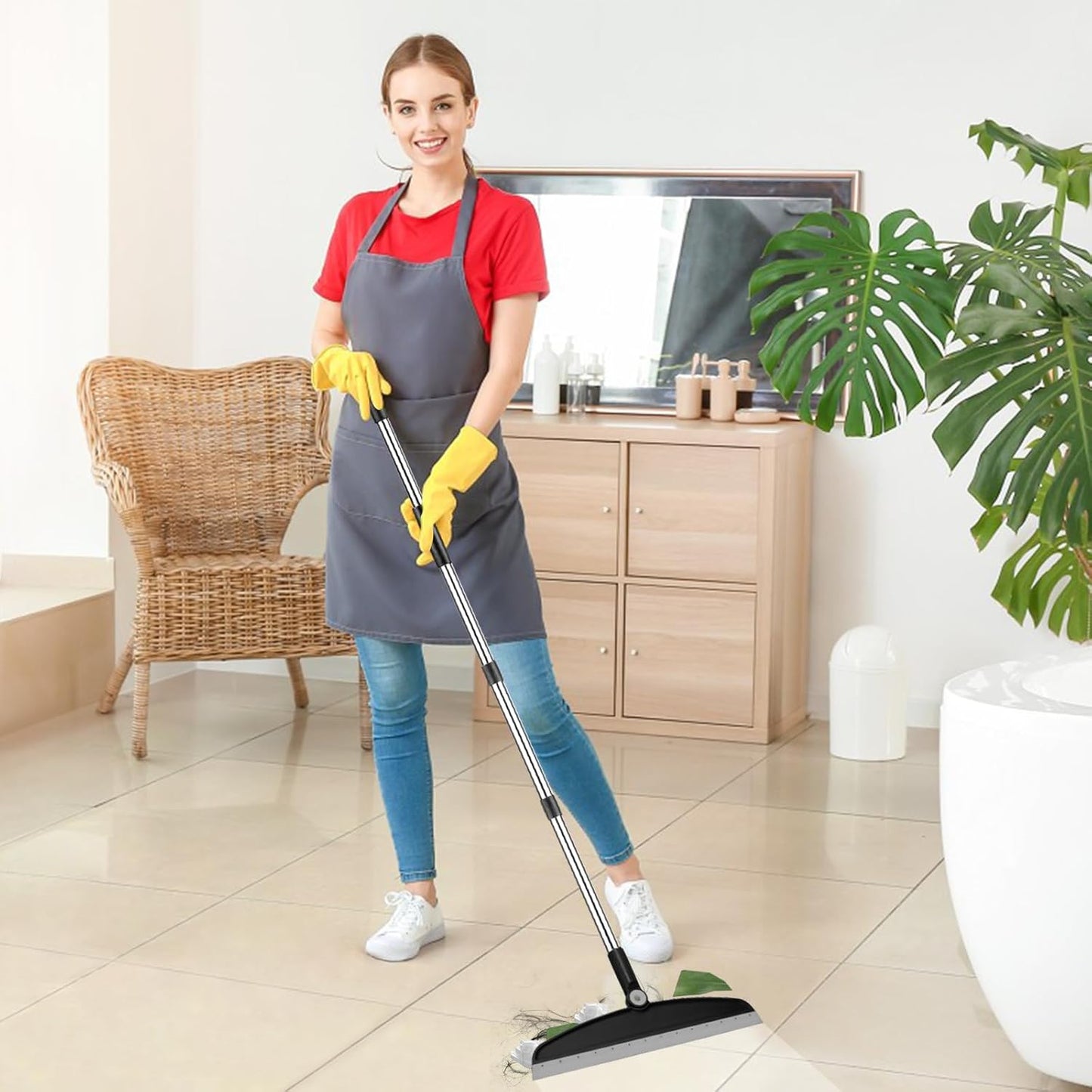 Multifunction Silicone Broom, 54 Inch Long Handle Silicone Floor Squeegee Broom, Sweep and Scrape 2 in 1 Household Cleaning Rubber Broom for Floor, Bathrooms, Kitchens, Showers, Tile, Pet Hair, Glass