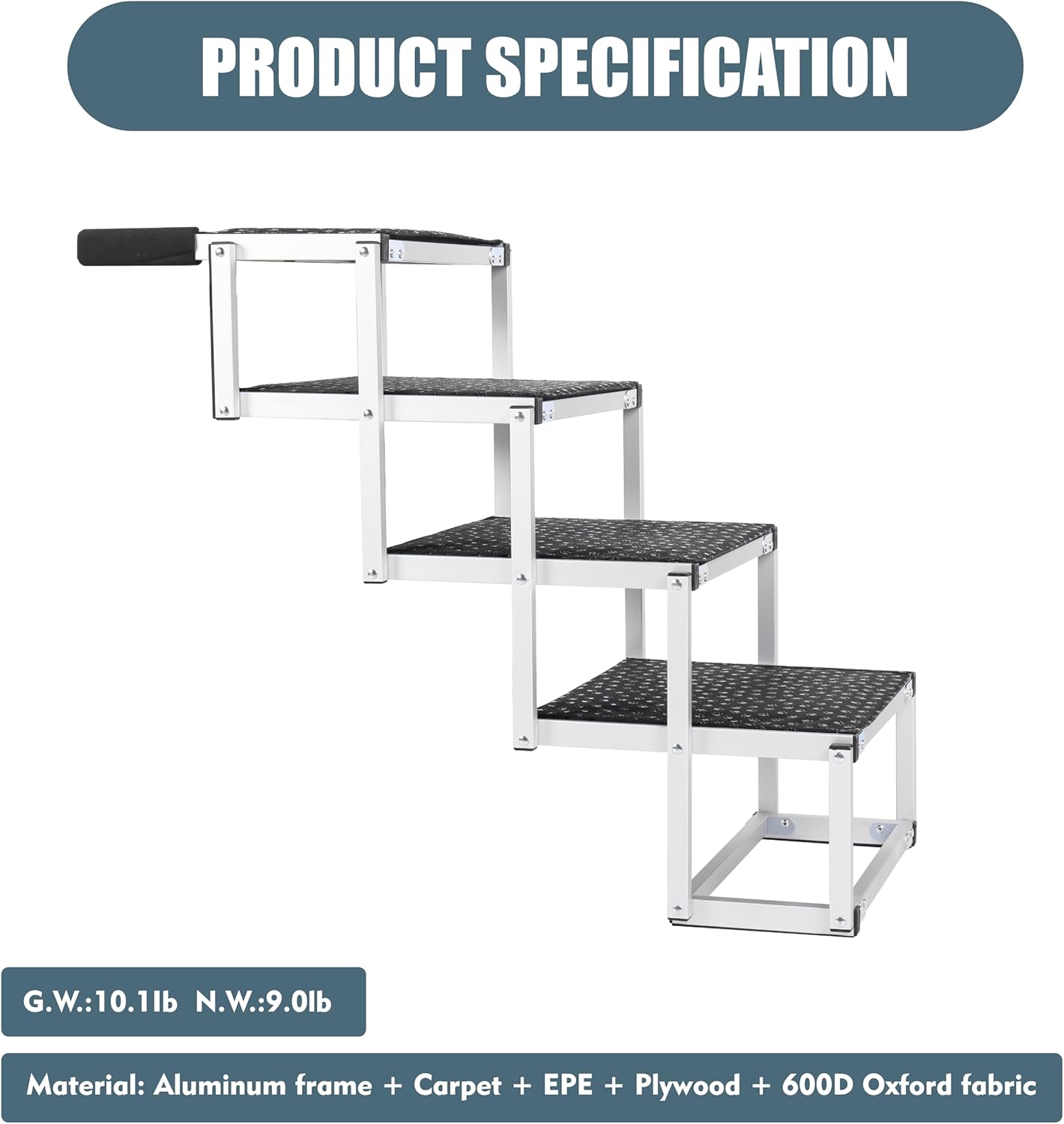 Foldable Dog Stairs for Cars, 4 Steps Wide Dog Ramp for Large Dogs with Non-Slip Surface, Lightweight Aluminum Foldable Steps for High Beds, Cars, SUVs, Trucks, Supports up to 250 lbs
