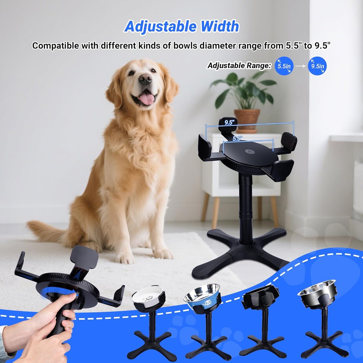 Dog Bowls Elevated Adjustable Stand, Raised Bowl with 3 Heights & Tilted Feeding Stand, Compatible with Various Bowls, for Medium & Large Breeds (1 Pack) Black