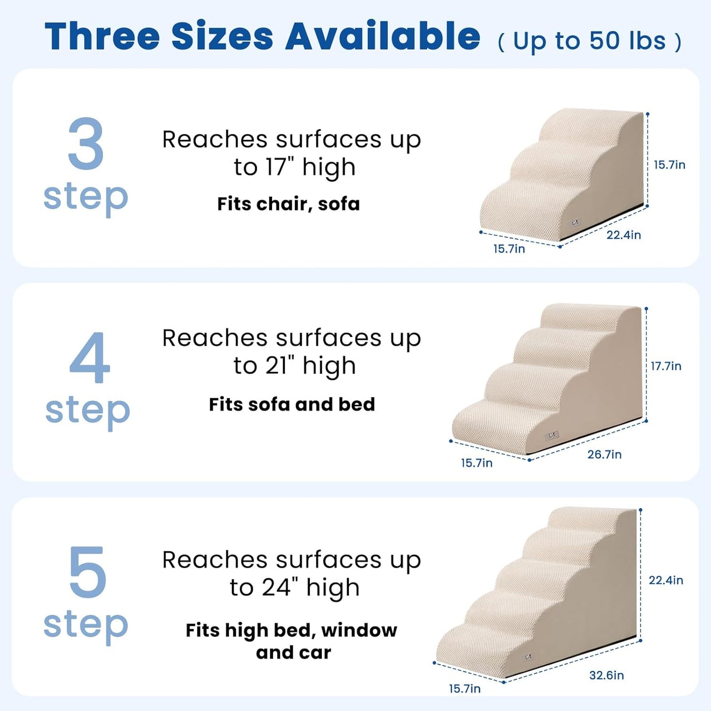 Airpanda Dog Stairs for Small Dogs and Cats – 3 Step Pet Ramp for Couch & Sofa, Non-Slip Dog Steps for Pets, Washable Cover, High-Density Support Foam for Easy Climbing,Beige