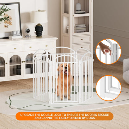 SNUOWU 4 Panels Full Matel Freestanding Dog Gates with Door, 96"Extra Wide 32"Tall Free Standing Dog Pet Gate for Indoor & Outdoor. Foldable Pet Fences for Doorways, House, Stairs, Porch, Deck, Yard