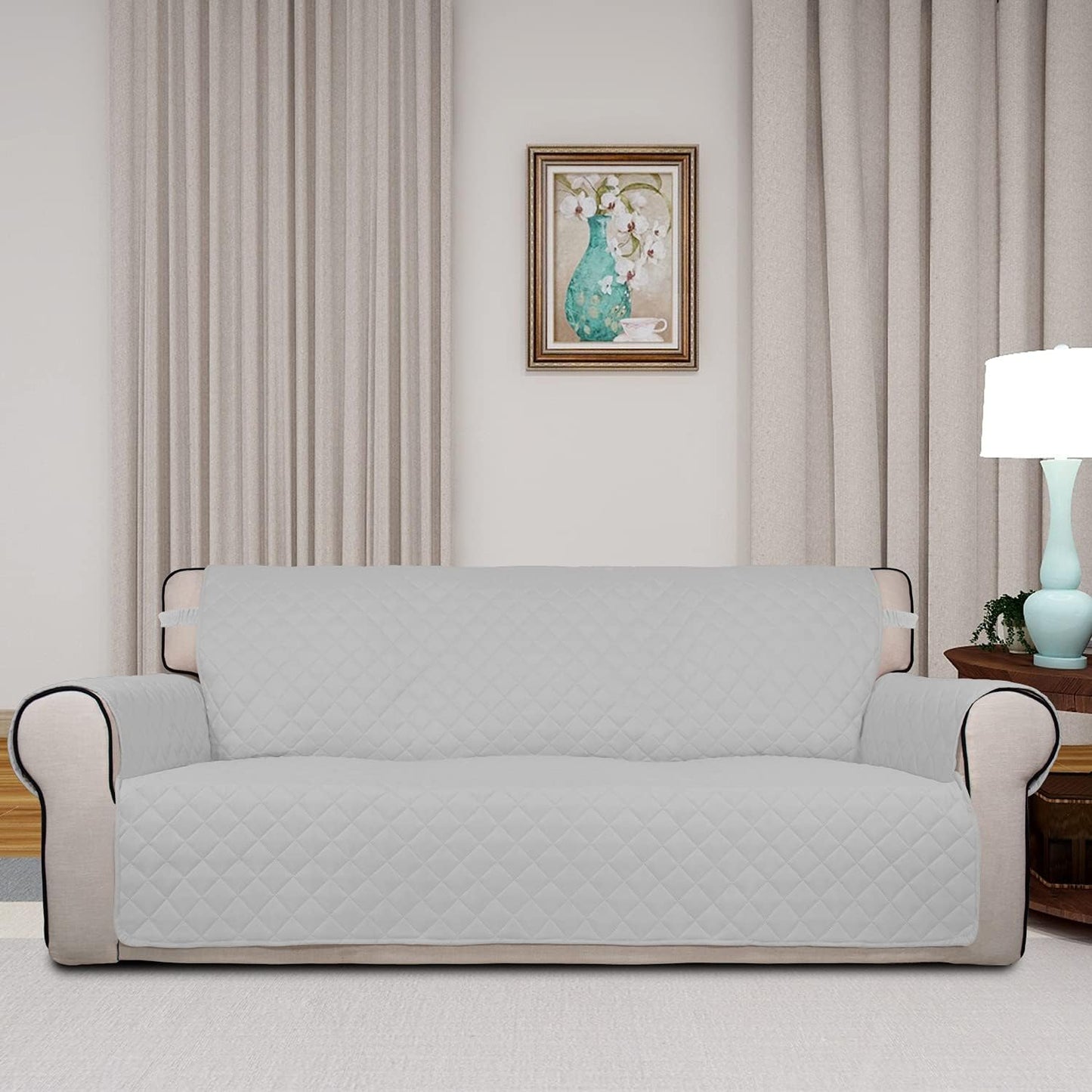 PureFit Reversible Quilted Sofa Cover, Water Resistant Slipcover Furniture Protector, Washable Couch Cover with Non Slip and Elastic Straps for Kids, Dogs, Pets (Sofa, Gray/Light Gray) - Colors A