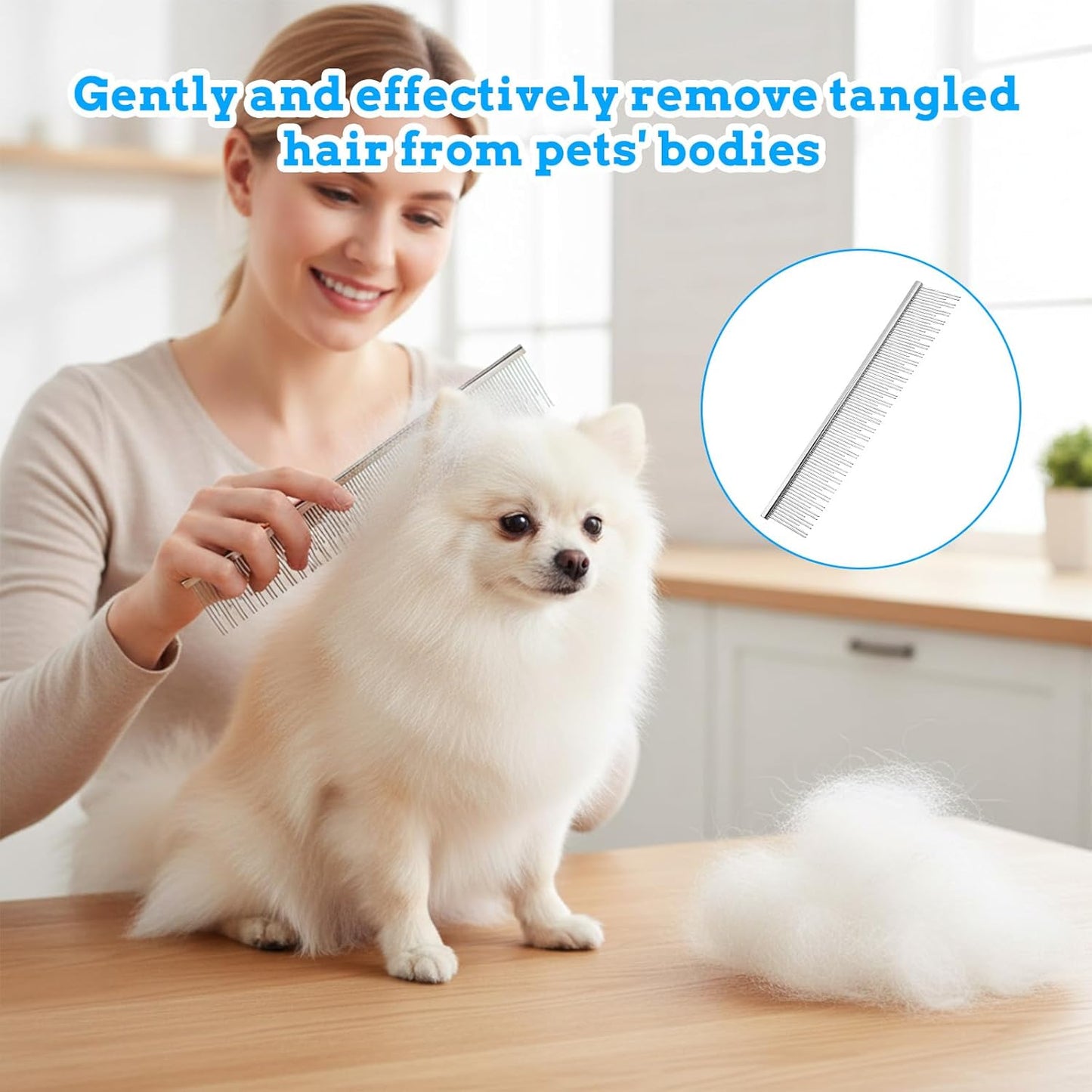 Metal Grooming Comb, Stainless Steel Pet Comb for Dogs and Cats, Detangling Matted Fur & Shedding Control with Rounded Teeth, for Long, Short, Curly Hair (6 Inches)