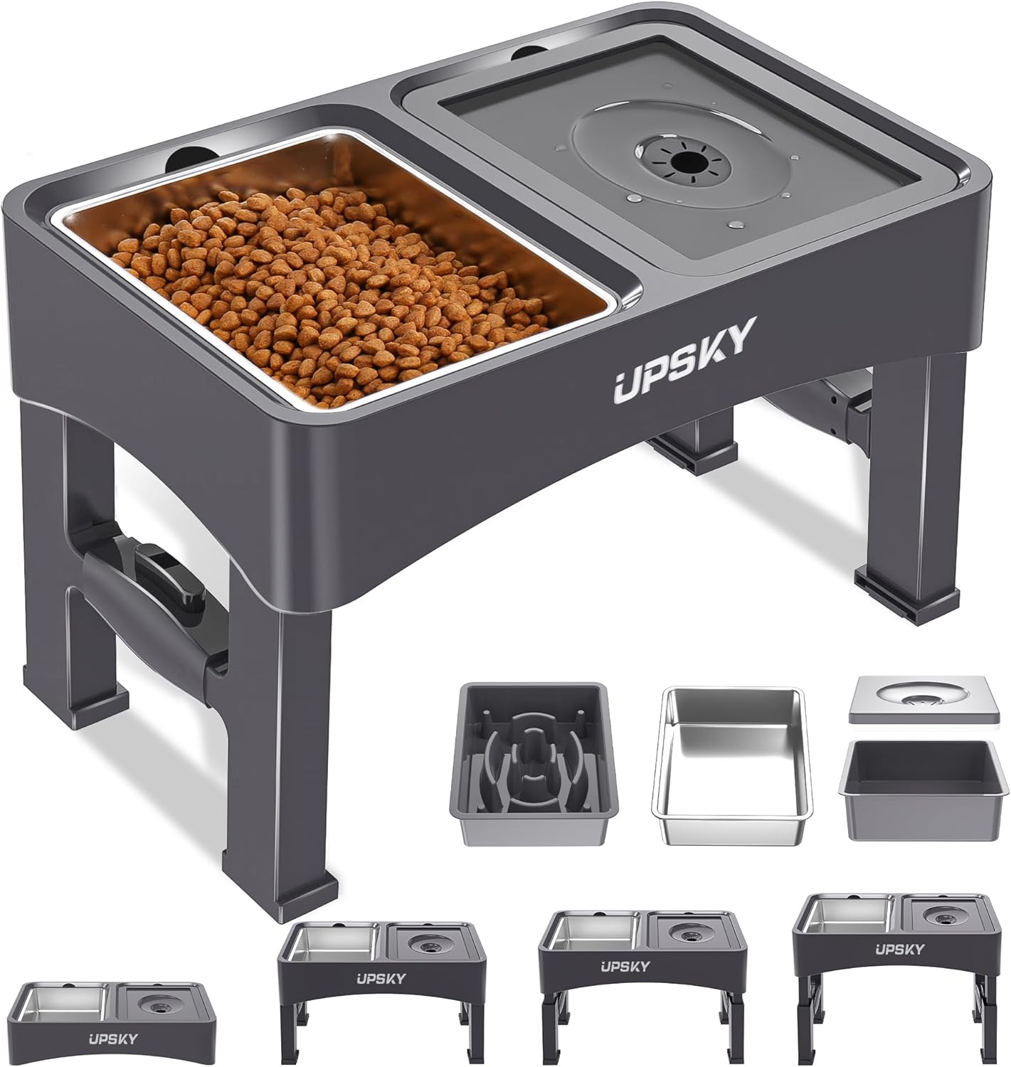 UPSKY 2-in-1 Elevated Dog Bowls Slow Feeder, 4 Height Adjustable Raised Bowl Stand, No Spill Dog Water Bowls, Anti-Slip Food and Water Bowls for Small Medium Dogs(Not Include Stainless Steel Bowl)