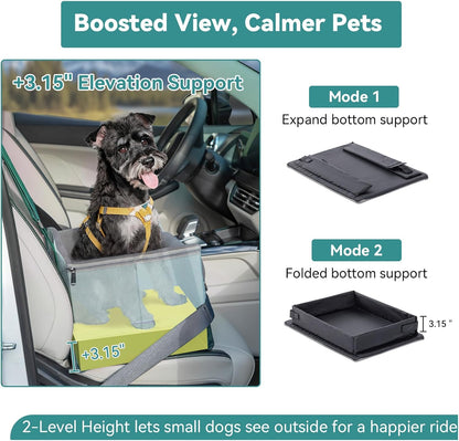 A 4 Pet Dog Car Seats for Small Dogs Under 25lbs – Safety Travel Booster Seat with Patent Buckles, Adjustable Leash – Reduces Anxiety & Road Trips – Frame Support for Cars, SUV, Pickup
