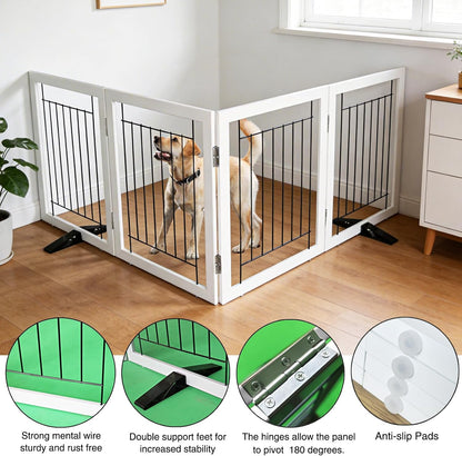 ZJSF Freestanding Dog Gate Indoor, Foldable Dog Fence for Doorways,Hallways or Stairs, Sturdy Wood Extra Wide Pet Gate with Support Feet,Black,24 "Height-3 Panels