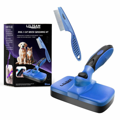 Pet Self Cleaning Slicker Brush and Grooming Comb - Gently Removes Loose Hair, Tangles, and Dirt - Skin Friendly Deshedding Grooming Tool for Hair Dogs & Cats - Pet Supplies Accessories (Purple)