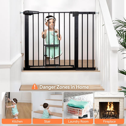 COMOMY Auto Close Baby Gate with Cat Door, 29.5"-40.5" Extra Wide Dog Gate for House Doorways Stairs, Pressure Mounted Easy Walk Thru Pet Gate, Includes 4 Wall Cups and 2 Extension Pieces, Black