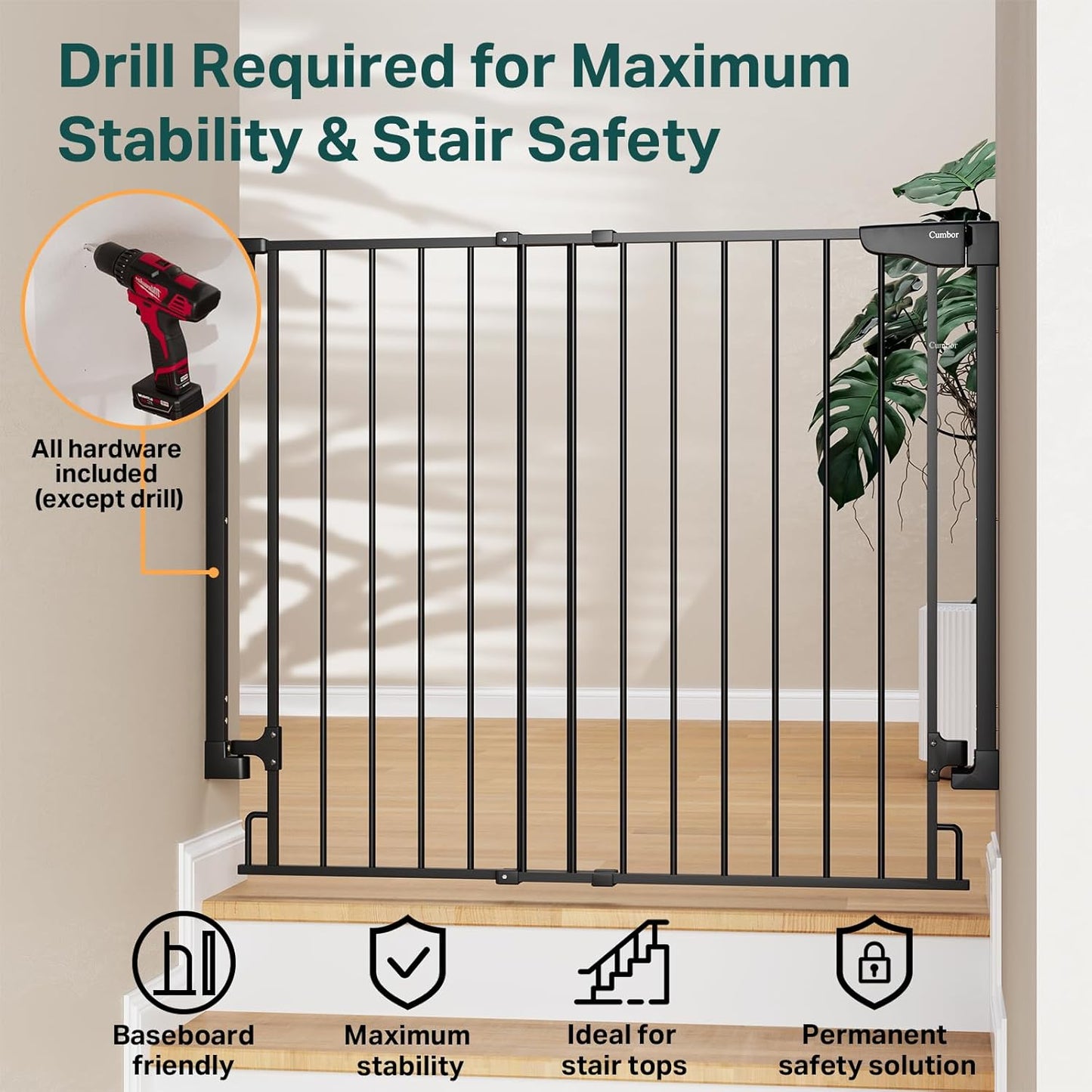 Cumbor 29.2–43" Baby Gate for Stairs, Hardware Mounted (Drill Required), Expandable No Bottom Bar Dog Gate, Auto Close Extra Wide Walk Thru, Pet & Toddler Proof Gate, Top & Bottom of Stairways(Black)
