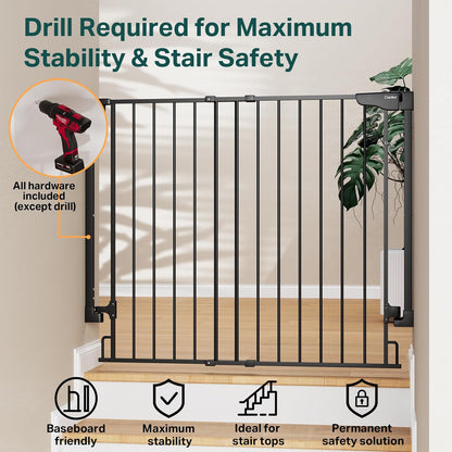 Cumbor 29.2–43" Baby Gate for Stairs, Hardware Mounted (Drill Required), Expandable No Bottom Bar Dog Gate, Auto Close Extra Wide Walk Thru, Pet & Toddler Proof Gate, Top & Bottom of Stairways(Black)