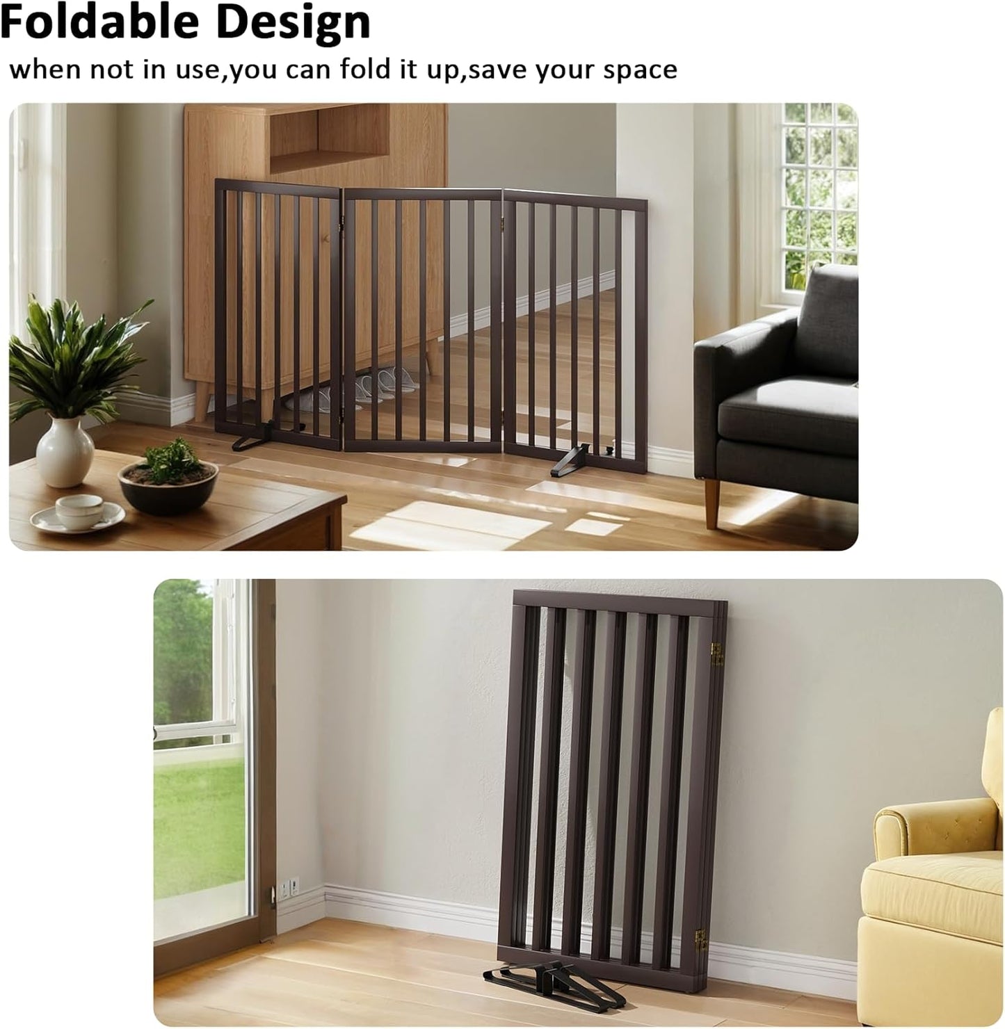 Dog Gate 32" Tall Foldable Dog Gate for Doorways Freestanding Pet Gate for Dogs Indoor (Walnut, 3 Panel)