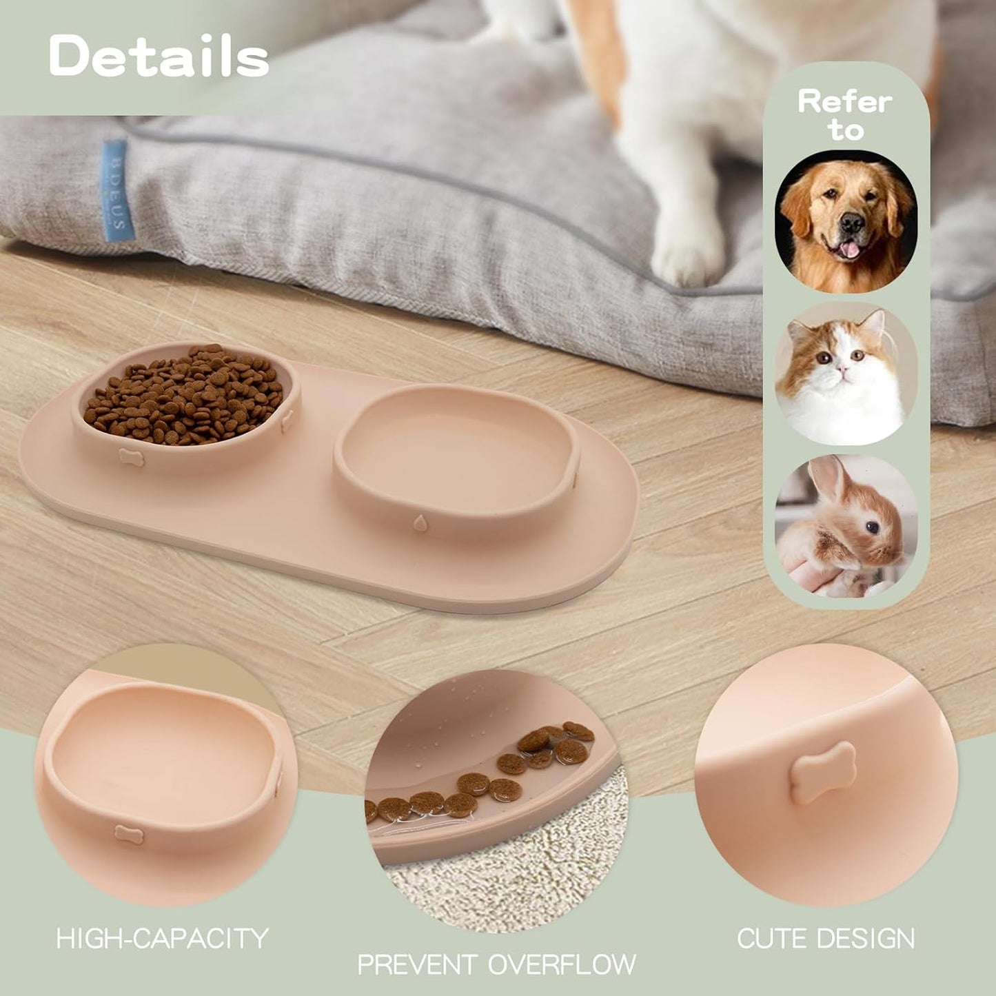 Dog Food Bowls Pet Bowls & Dog Water Bowls with No-Spill and Non-Skid, Feeder Bowls with Dog Bowl Mat for Small Medium Large Size Dogs Cats Puppy Pets, Dog Dishes (Green)