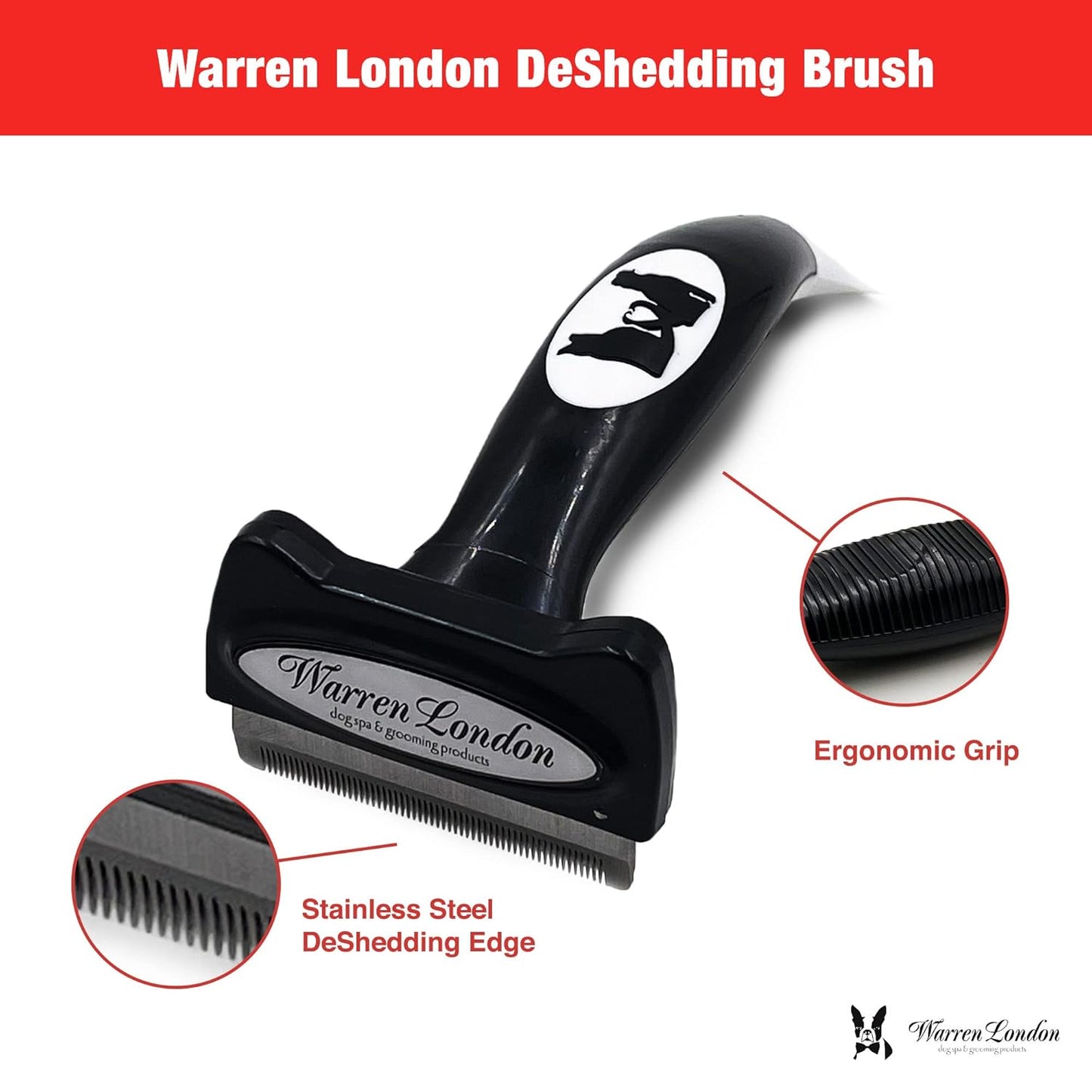 Warren London Deshedding Brush for Dogs – Small Long-Hair | Stainless-Steel Undercoat Rake Reduces Shedding Up to 95% | Gentle Skin-Safe Comb, Quick-Clean Release, Non-Slip Ergonomic Grip