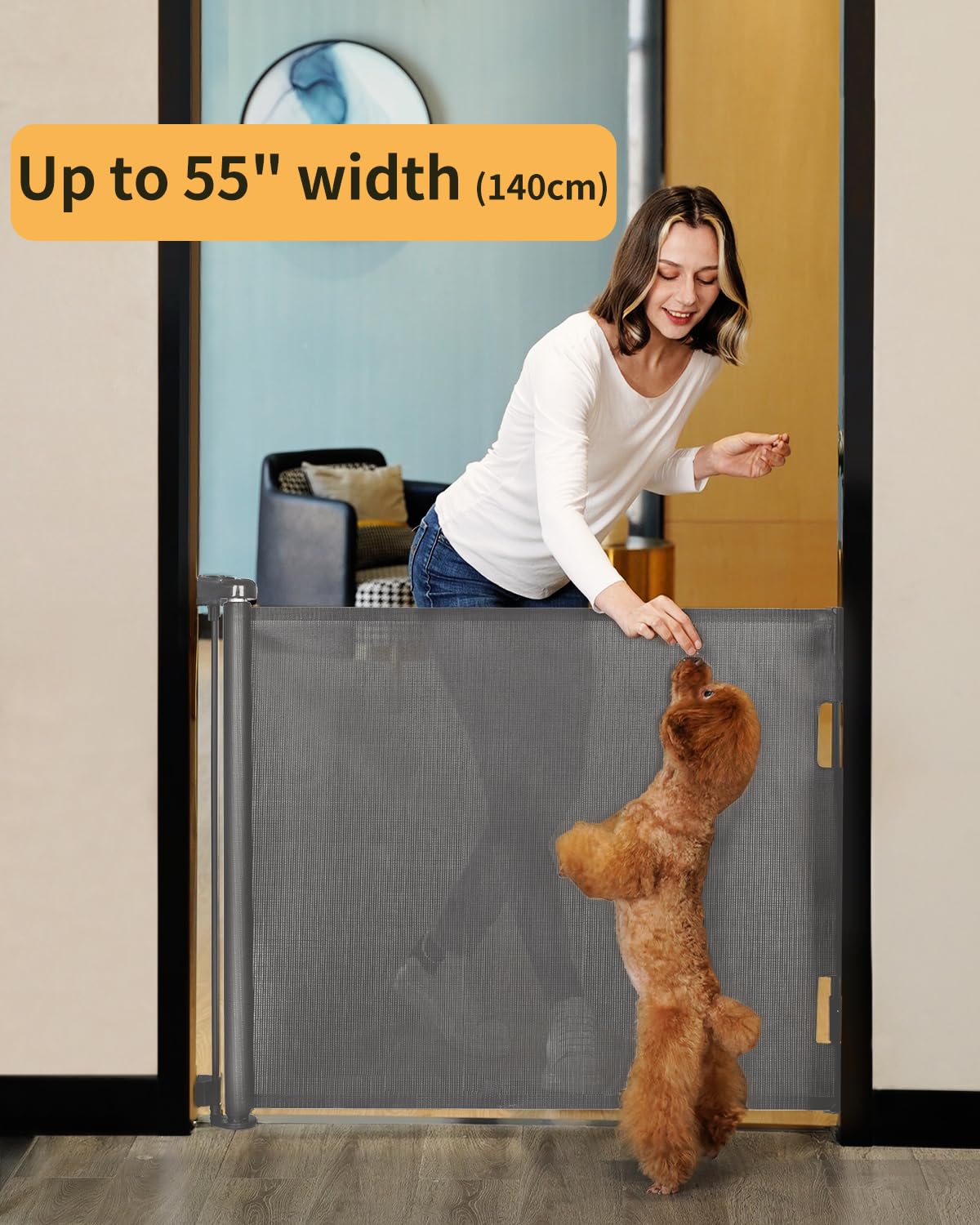 AOURMKOOP Retractable Baby Gate,Mesh Baby Gate or Mesh Dog Gate,33" Tall,Extends up to 55" Wide,Child Safety Gate for Doorways, Stairs, Hallways, Indoor/Outdoor（Black,33"x55"