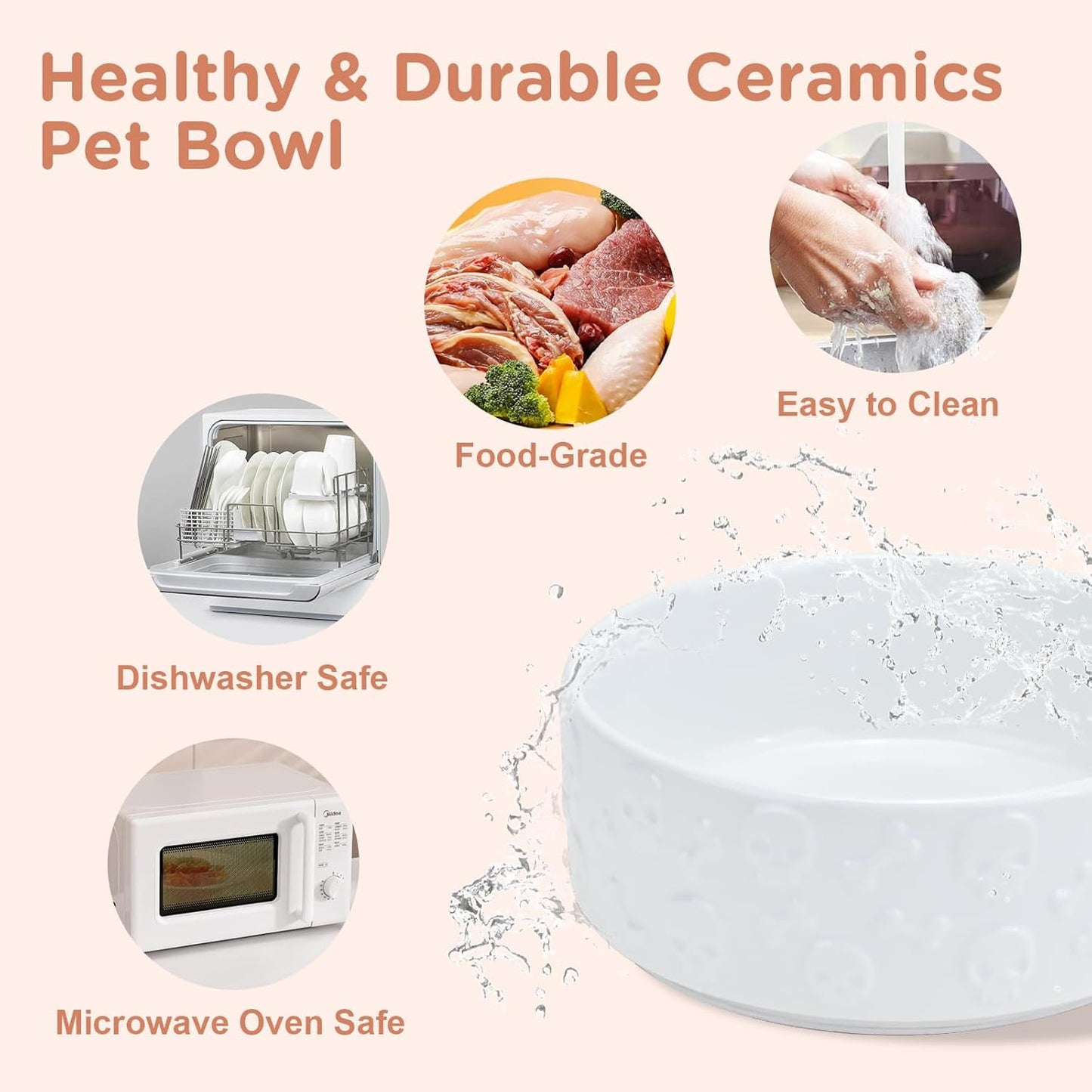 SPUNKYJUNKY Elevated Dog Bowls Ceramic, 6.1'' Dogs and Cat Food Water Bowls Raised with Non-Slip Bamboo Stand for Medium Sized Breed Microwave Dishwasher Safe - 28.7 OZ,Beige