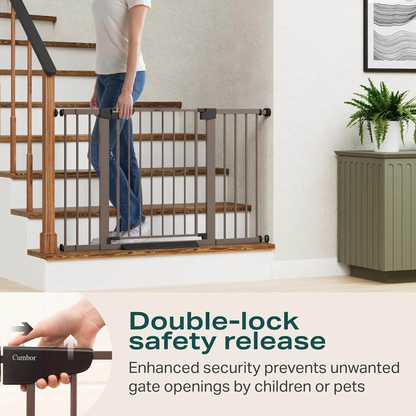 Cumbor 36.6-64" Extra Wide Baby Gate for Stairs, Dog Gates for Doorways, Auto-Close Pet Gate Indoor, Pressure Mounted Walk Through Safety Child Gate for Kids Toddler, Tall Pet Puppy Fence Gate, Brown