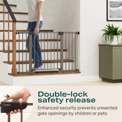 Cumbor 36.6-64" Extra Wide Baby Gate for Stairs, Dog Gates for Doorways, Auto-Close Pet Gate Indoor, Pressure Mounted Walk Through Safety Child Gate for Kids Toddler, Tall Pet Puppy Fence Gate, Brown