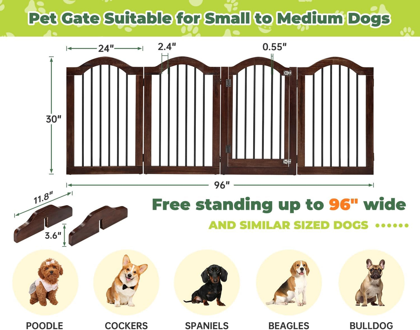 PrimeZone 144" Extra Wide Dog Gate - 36" Tall 6-Panel Solid Acacia Wooden Freestanding Puppy Gates with Door, Foldable Indoor Pet Fence for Doorways, Stairs, Support Feet Included, Brown